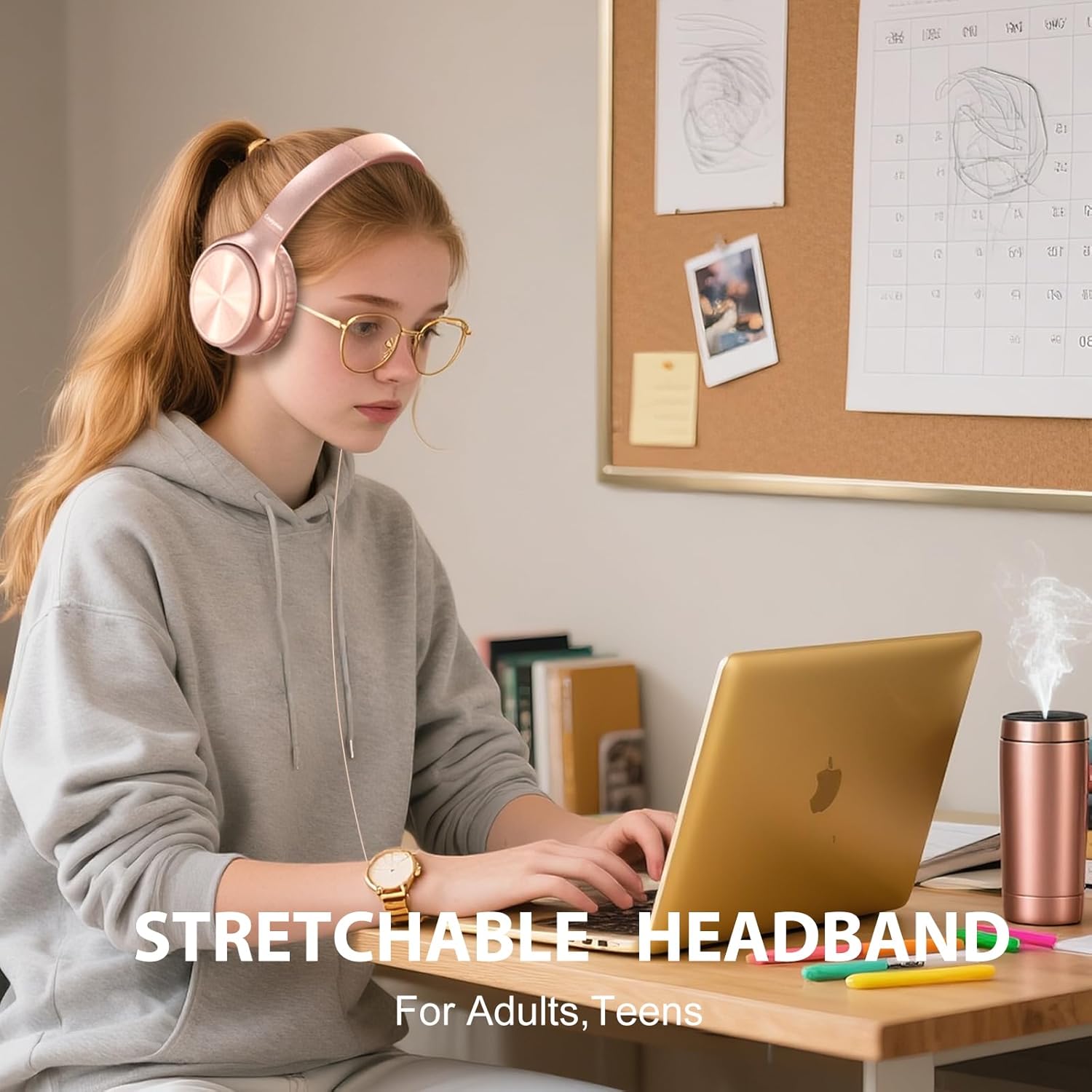 Over Ear Headphones Wired, Foldable 3.5mm Wired Headphones with Microphone, Volume Control, HD Stereo Sound, Lightweight Headphones for Adult/Teens/Chromebooks/Laptop/Computer/Tablets, Rose - Image 4