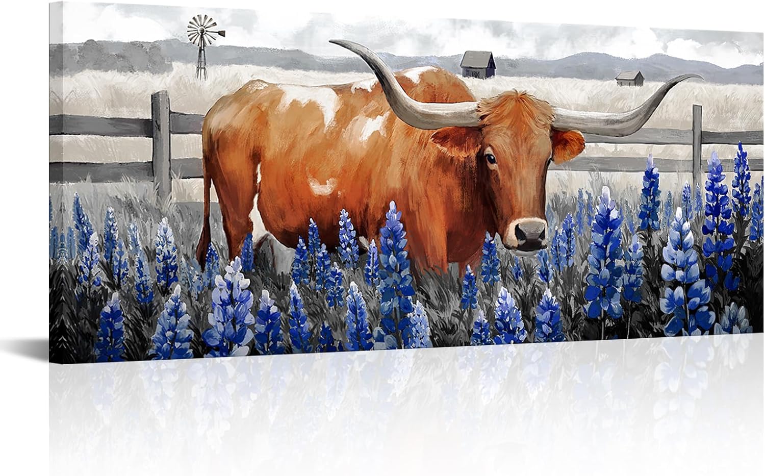 Conipit Longhorn Cattle Wall Art Bluebonnet Pictures Western Canvas Art, Framed 20x48 Inches