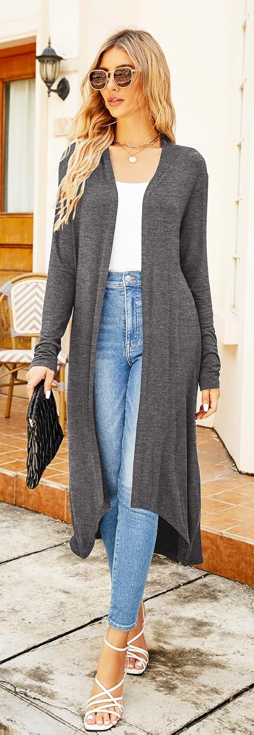 Newchoice Womens Long Cardigan Summer Casual Draped Open Front Lightweight Long Sleeve Cardigan Duster with Pockets - Image 2