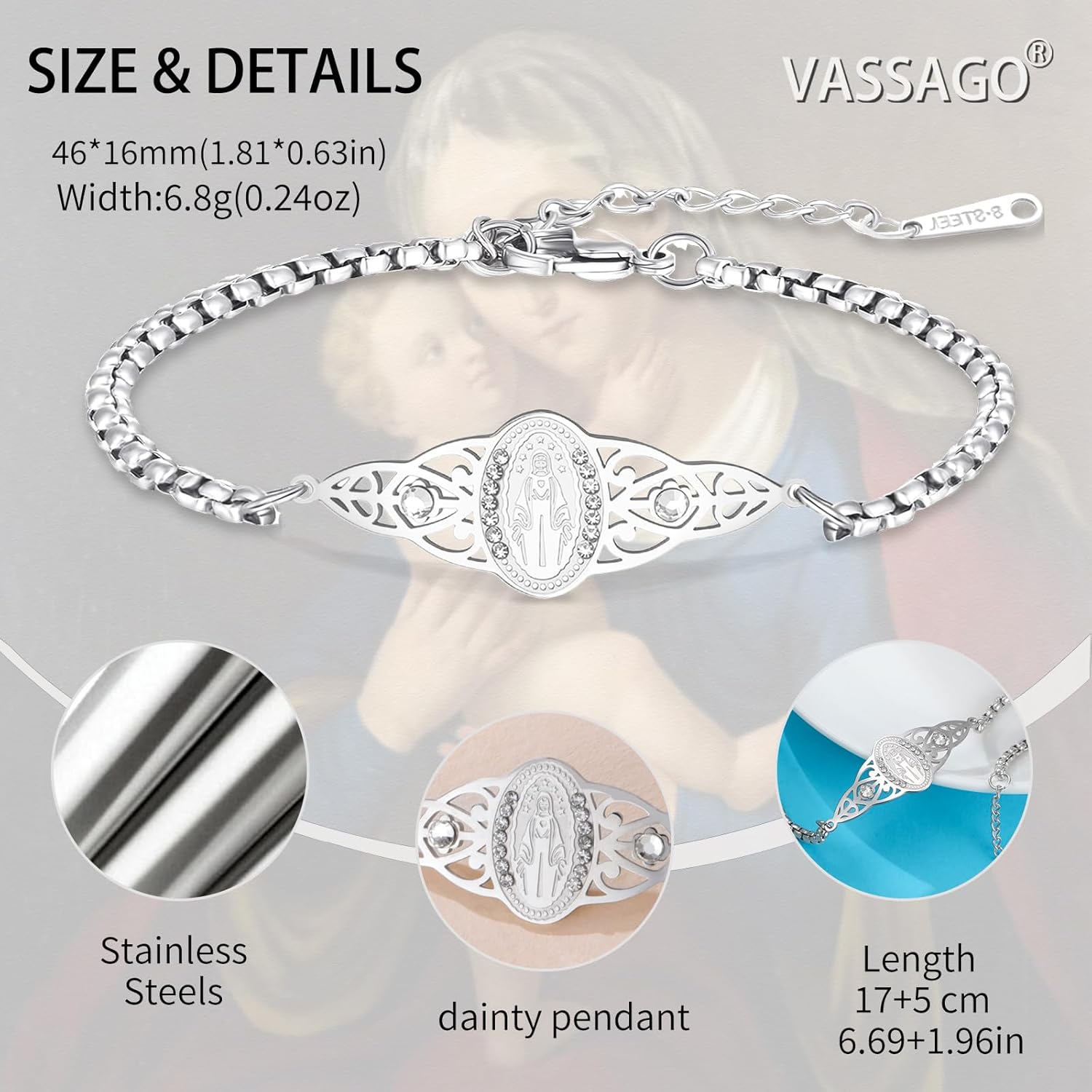 VASSAGO Virgin Mary Bracelet for Women Stainless steel Dainty Virgen de Guadalupe Rosary Jesus Cross Charm Link Bracelets Catholic Crucifix Christian Religious Baptism Gift - Image 3