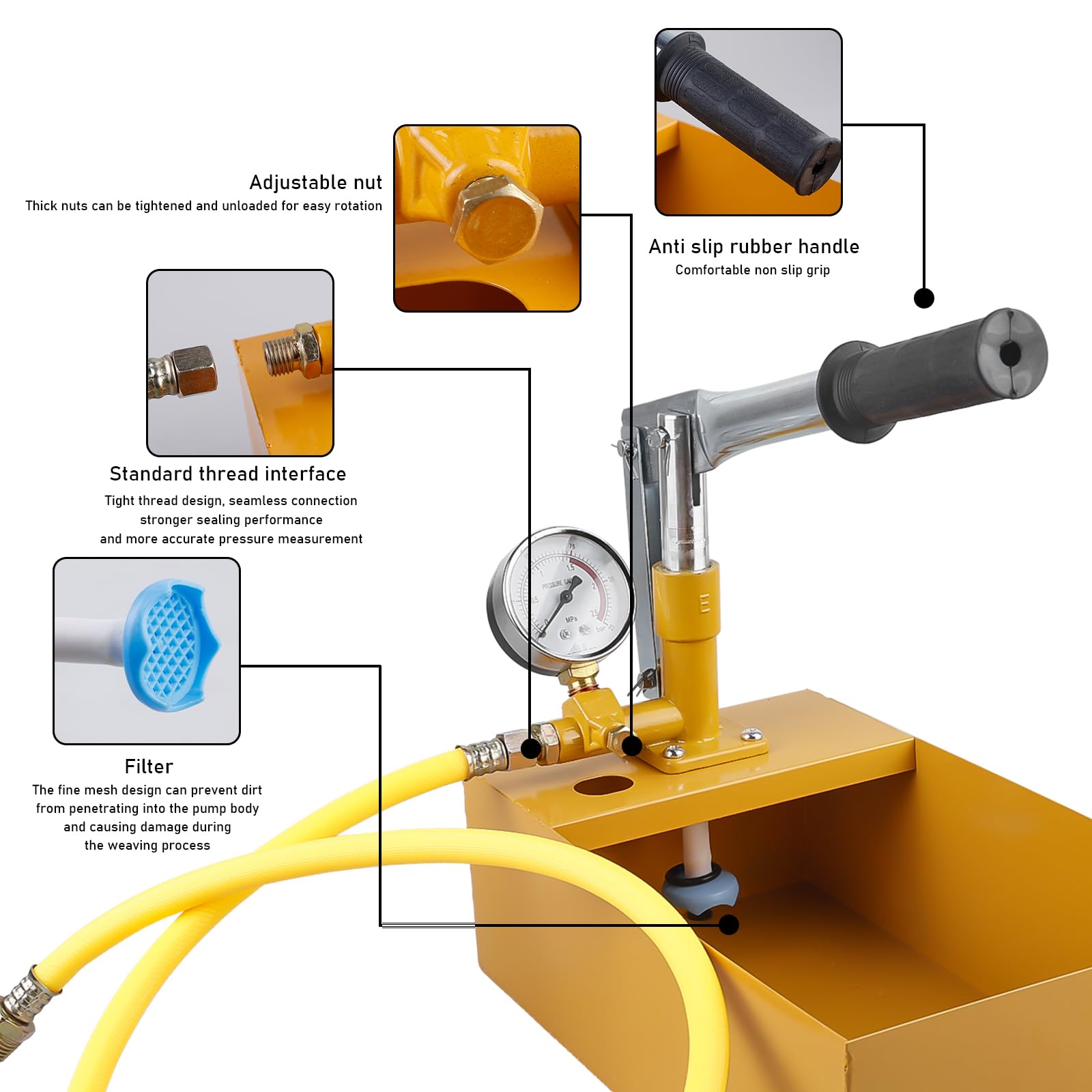 Abdrückpumpe 5 Liter, 25Bar Manuelle Prüfpume und Befüllpumpe mit 1m 1/2" Druckschlauch, Aluminiumguss Handprüfpumpe Druckprüfpumpe für Dichtheitsprüfung von Wasser und Heizungsrohren(Gelb)