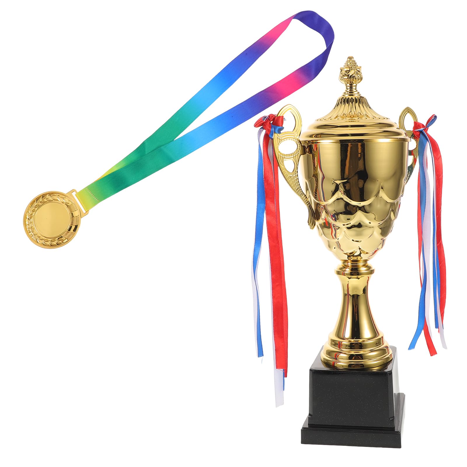 ibasenice Juego de Trofeo y Medalla Deportiva de Oro con Cinta, Trofeo de Competición de 42 Cm, Medalla de Logro para Premios y Campeonatos, Adecuado para Escuelas y Clubes Deportivos