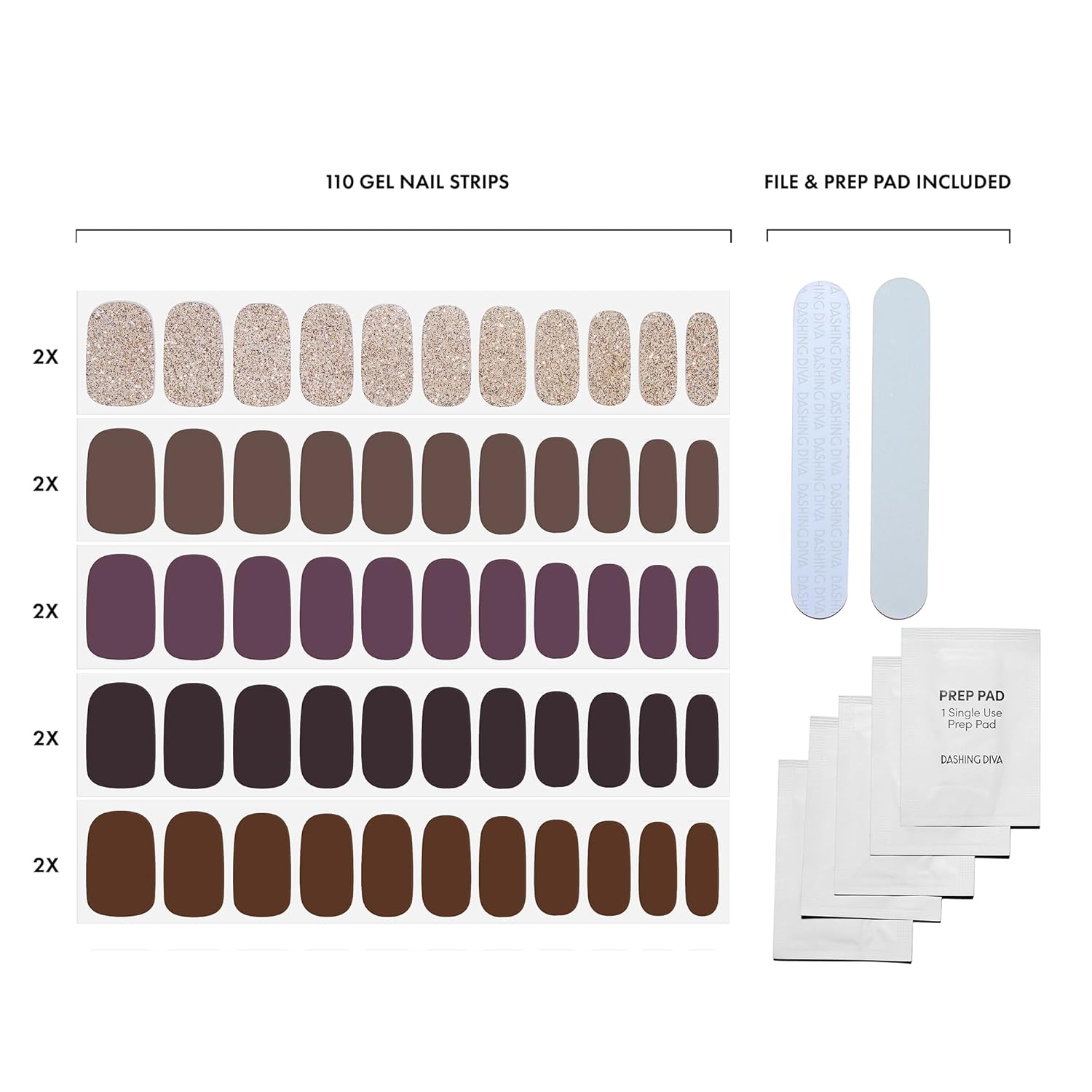 Dashing Diva Gloss Nail Strips 5-in-1 Kit - Best of Browns - UV Free, Chip Resistant, Long Lasting Gel Nail Stickers - Contains 110 wraps, 5 prep pads, 2 nail files