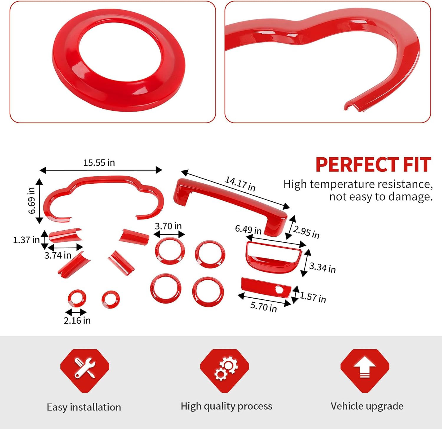 Jimen Fit for Jeep Wrangler JK JKU 2007-2010, 14PCS Interior Kits - Instrument Panel Dashboard Cover, AC Vent Ring, Passenger Grab Handle Trim, A Pillar Speaker Cover (Red)
