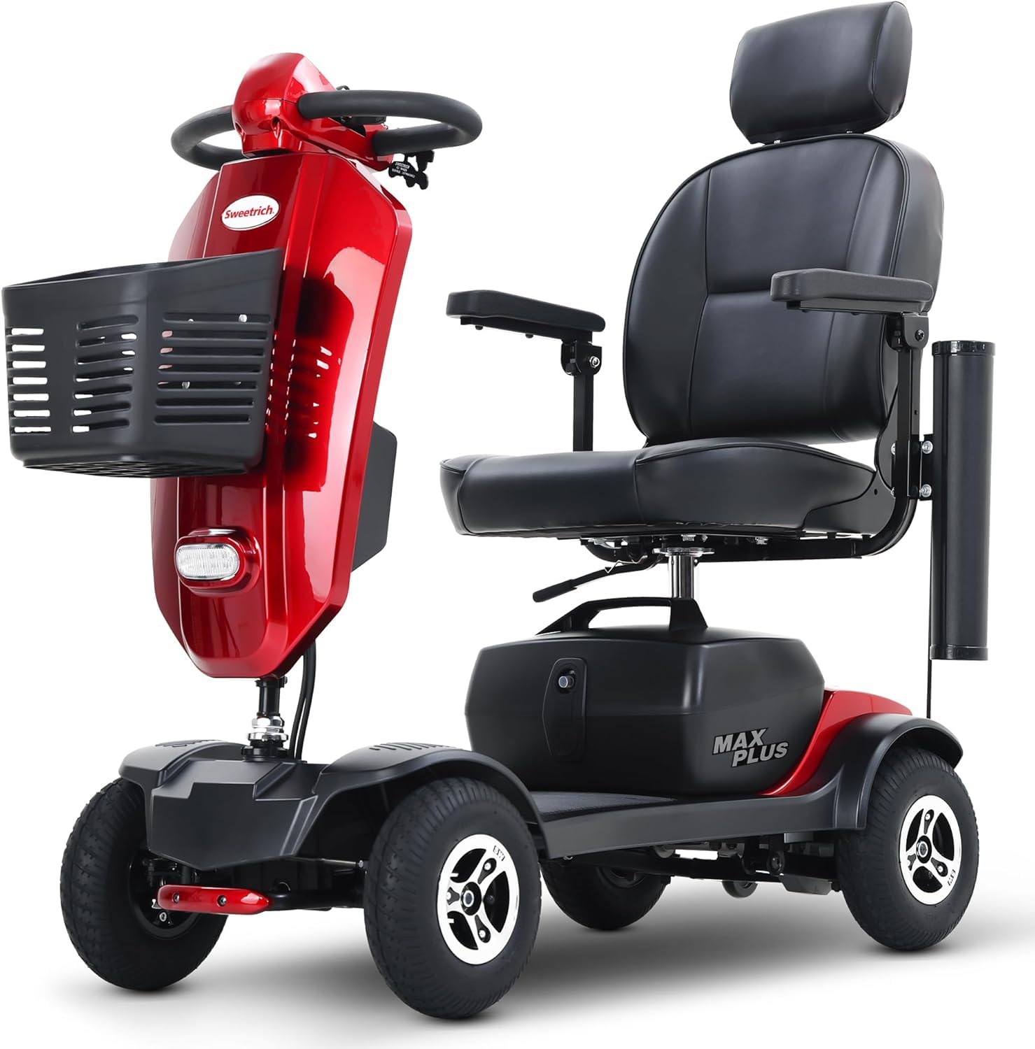 Elektromobil Seniorenmobil Rollstuhl elektrisch faltbar,20AH herausnehmbarer Akku 25km,300W,360° Luxus-Sitz mit Kopfstütze,E-Bremse,32cm Fußraum,9-Zoll Luftreifen stoßdämpfend,LED,USB,Windabweiser Rot