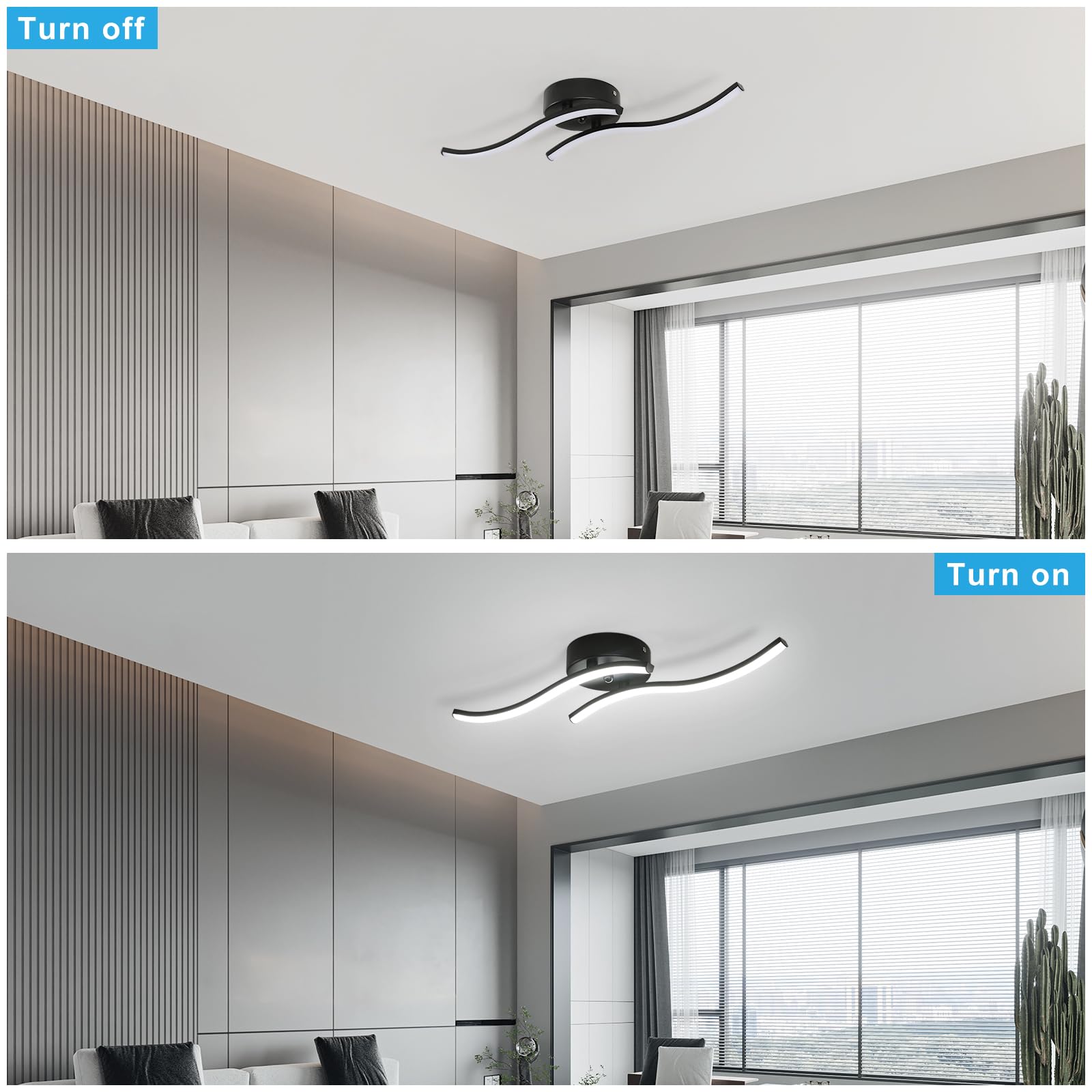 Goeco Modern LED Ceiling Light, 12W 1300LM Black Ceiling Lamp with 2 LED Stripes - Image 4