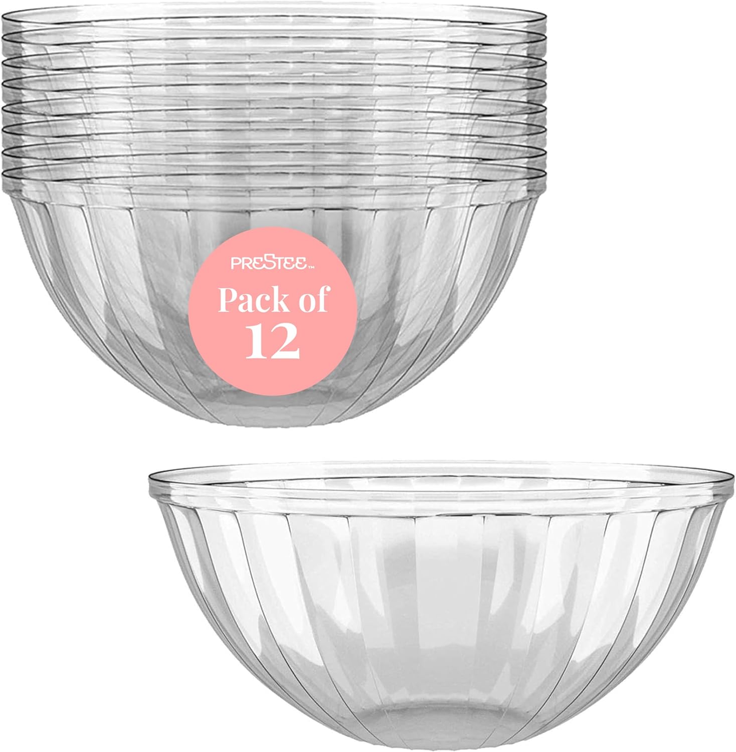 Prestee Clear Plastic Serving Bowls, 48 Oz. 12 Pack - Round Disposable Bowls, Punch, Party, Chip Bowl Containers - for Candy, Salads, Parties, & Serving Food - Large Salad Bowl Dish for Eating 12 ct (48oz)