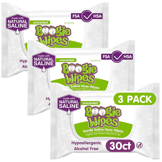 Boogie Wipes Unscented Natural Saline Wipes for Baby Nose, 30 Count (Pack of 3)