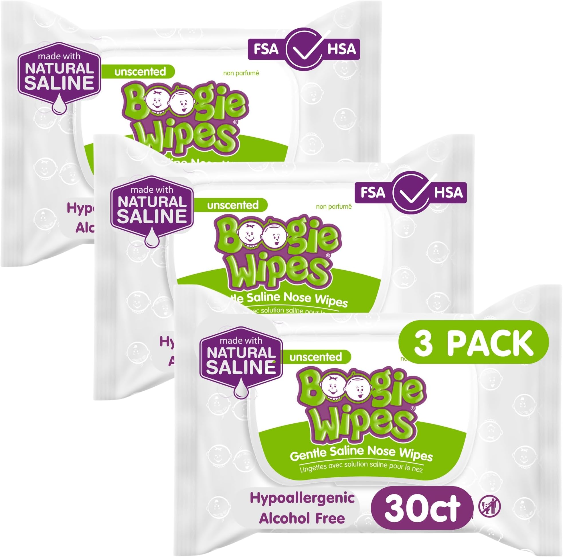 Wipes, Saline Wipes for Baby & Kids, Nose Booger Wipes for Allergy Relief, Face, Hand & Body, Made with Vitamin E, Aloe and Natural Saline, Unscented, 30 Count (Pack of 3)