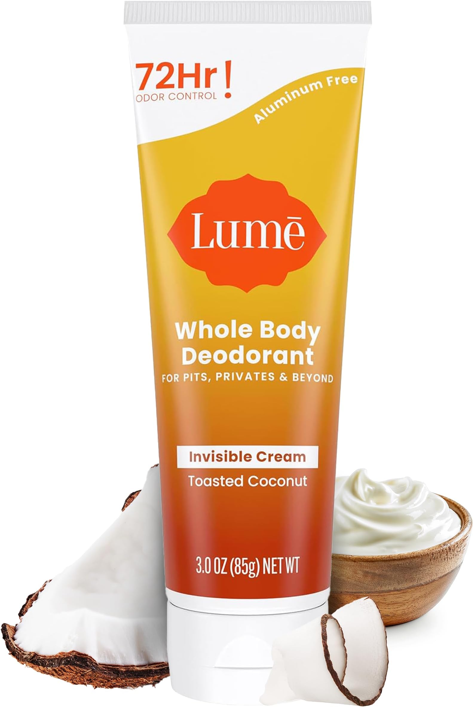 Whole Body Deodorant - Invisible Cream Tube - 72 Hour Odor Control - Aluminum Free, Baking Soda Free, Skin Safe - 3.0 ounce (Toasted Coconut)