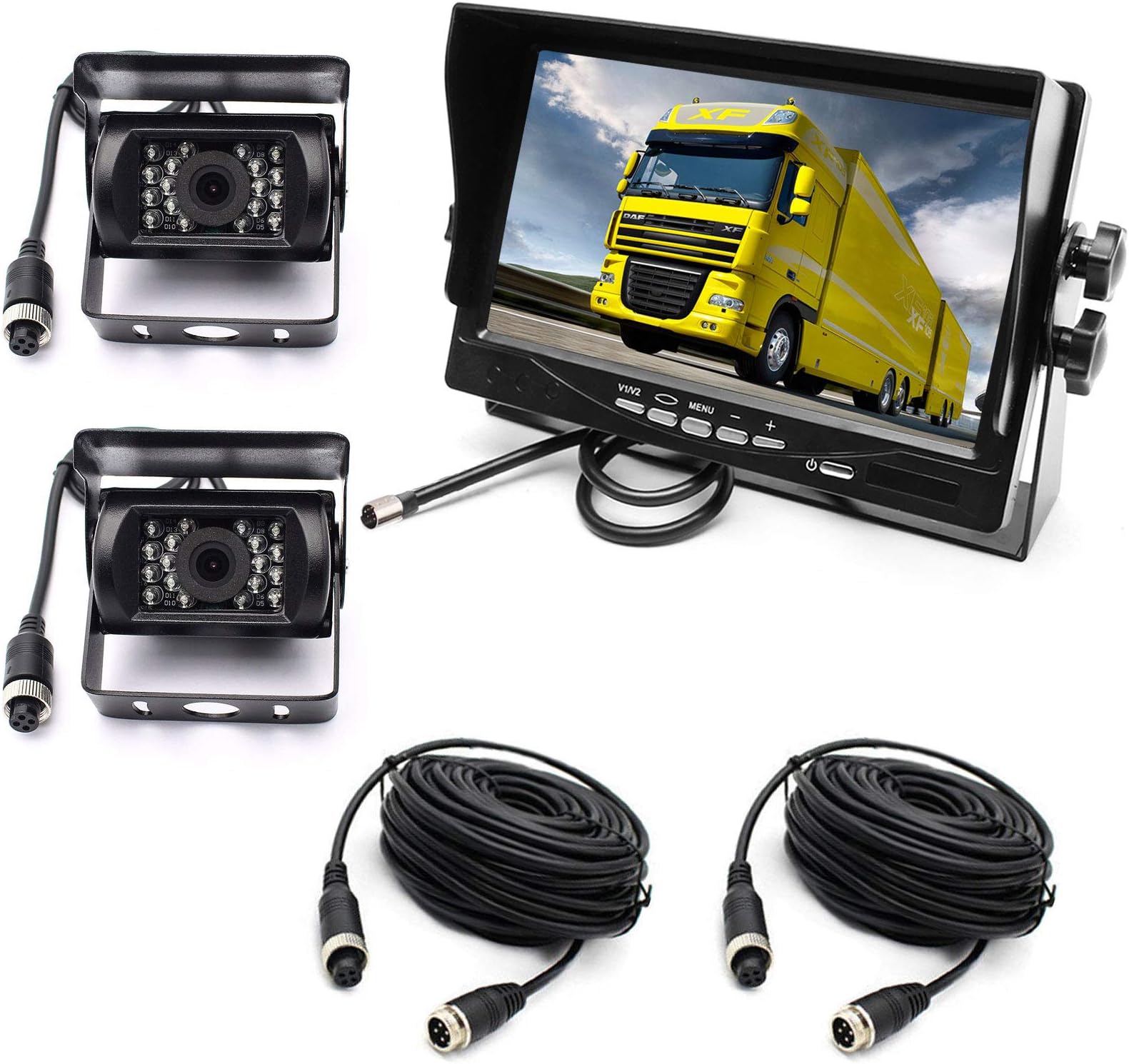 Reversing Camera Kit，4 Pin 2x Waterproof 18LEDs Night Vision Reverse Rear View Camera with 15M Aviation Cable +12-24V 7" TFT LCD Car Monitor for Large Truck/Bus/RV/Trailer/Tractor/camper