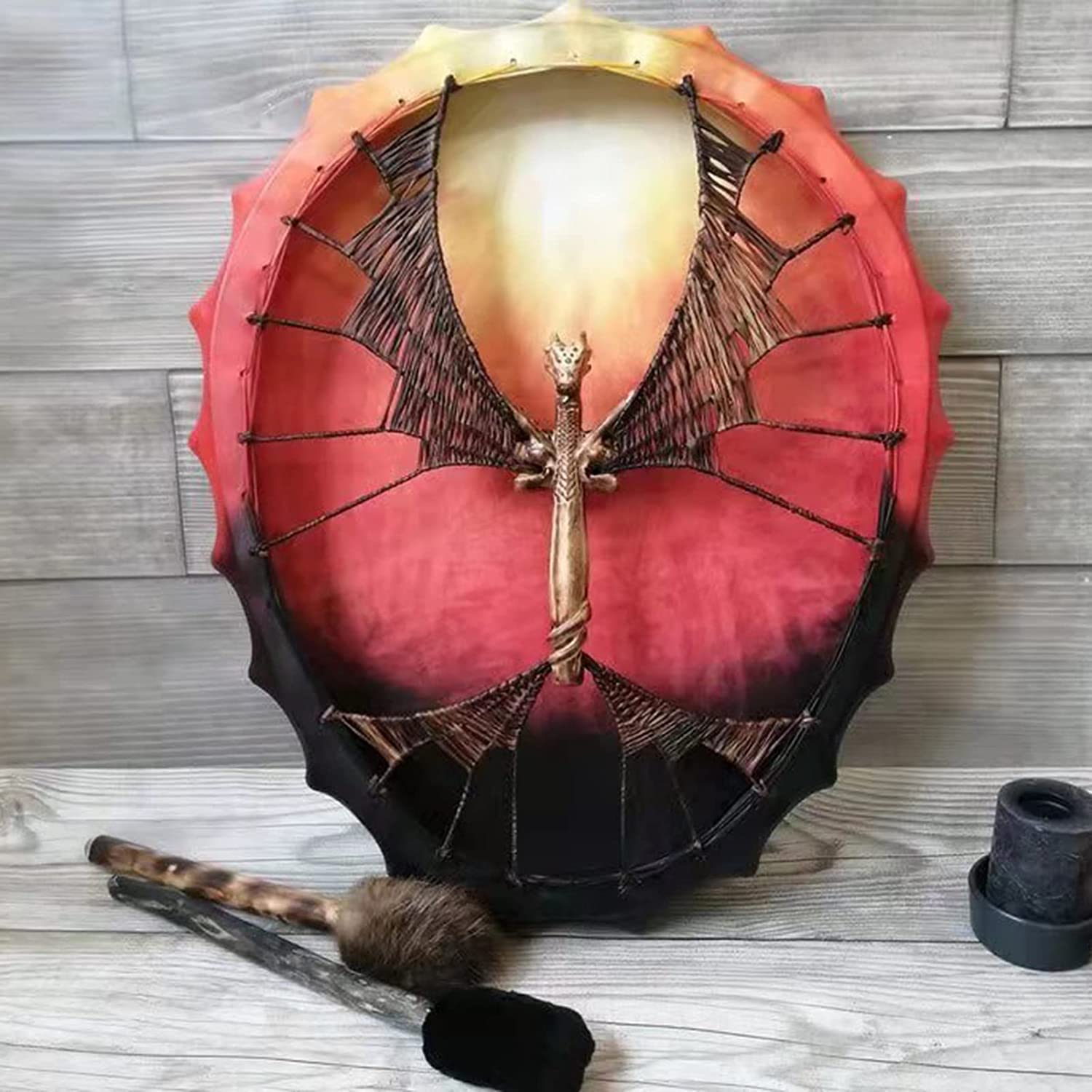 LIOONS Tambor chamán Creativo de 25cm, Tambor de música único con tótem de dragón, palillo de Tambor etéreo y Tambor de Lengua, Tambor de Mano Hecho a Mano