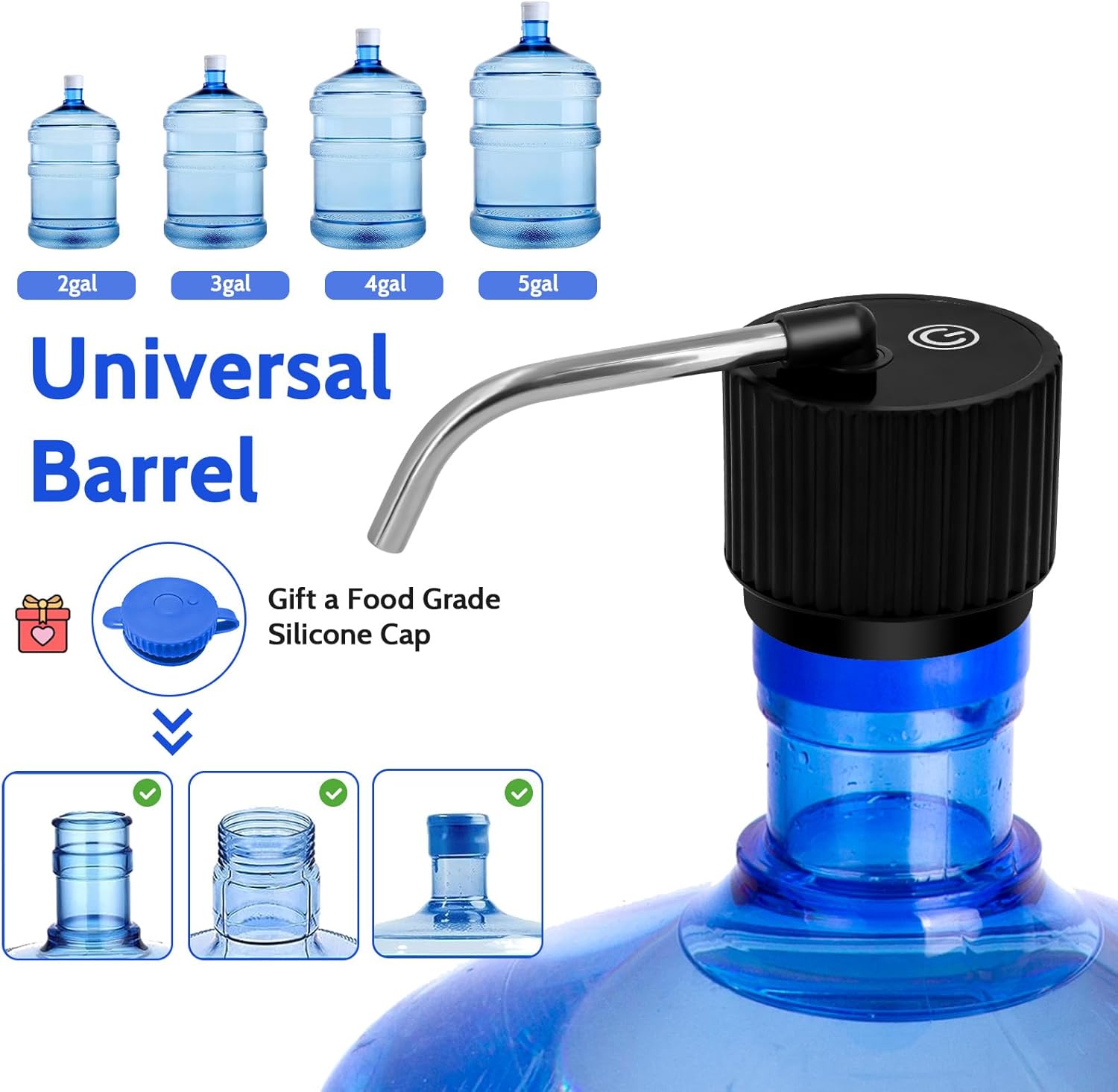Camping Water Dispenser for 5 Gallon Bottle,Portable USB Charging Electric Water Bottle Pump,Universal Micro Drinking Water Jug Pump,3-5 Gallon Automatic Water Dispenser with Silicone Cap - Image 3