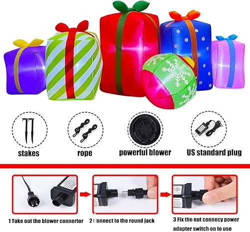 Miniatura 6 de SEASONBLOW Cajas de regalo inflables de Navidad de 7 pies con decoración de bolas, decoración con iluminación LED para Navidad, césped, patio,