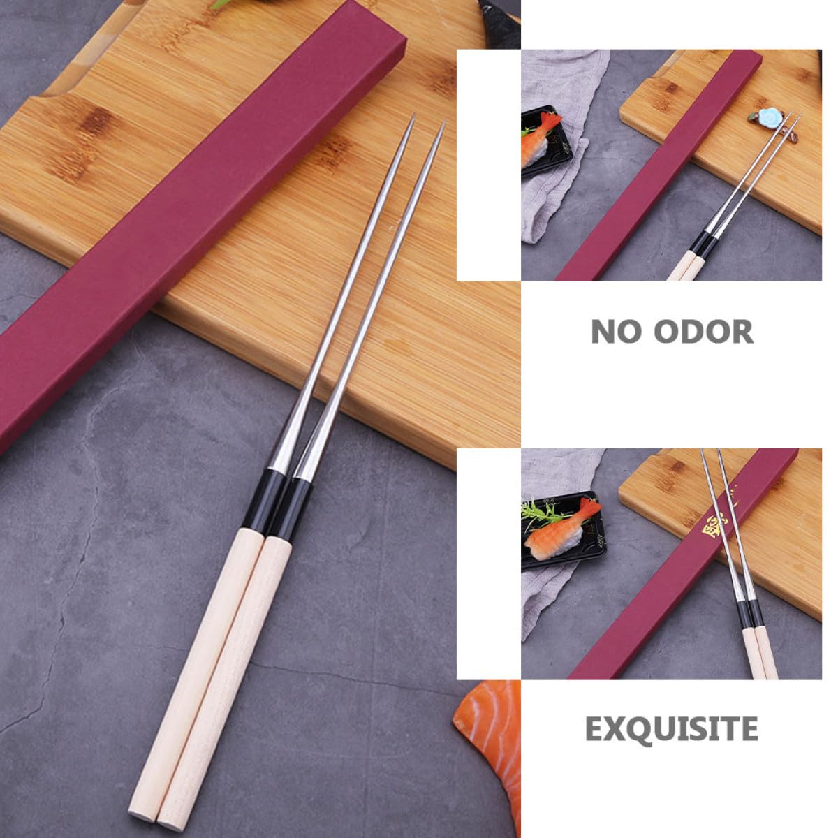 SHINEOFI Baguettes à Sushi en Acier Inoxydable et Bois Argenté, Faciles à Nettoyer Tenir, Cuisine Japonaise Voyage