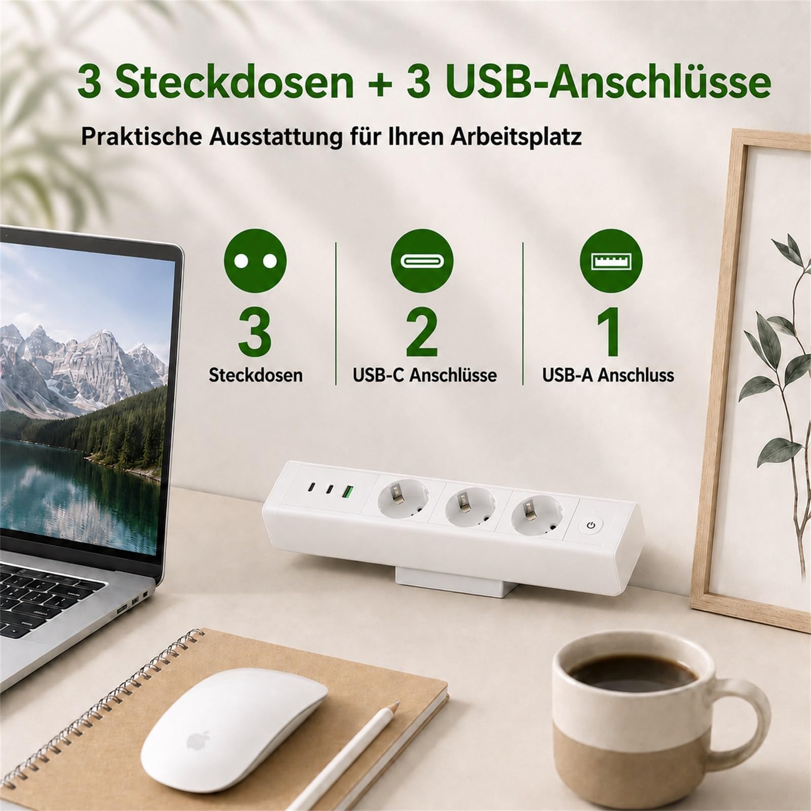 Enchufe de mesa con USB C 65 W, regleta Haiaoyyds con 3 enchufes, 2 USB C y 1 USB A, protección de sobrecarga de 10 A, cable de 1,8 m, enchufe múltiple de aluminio para oficina en casa