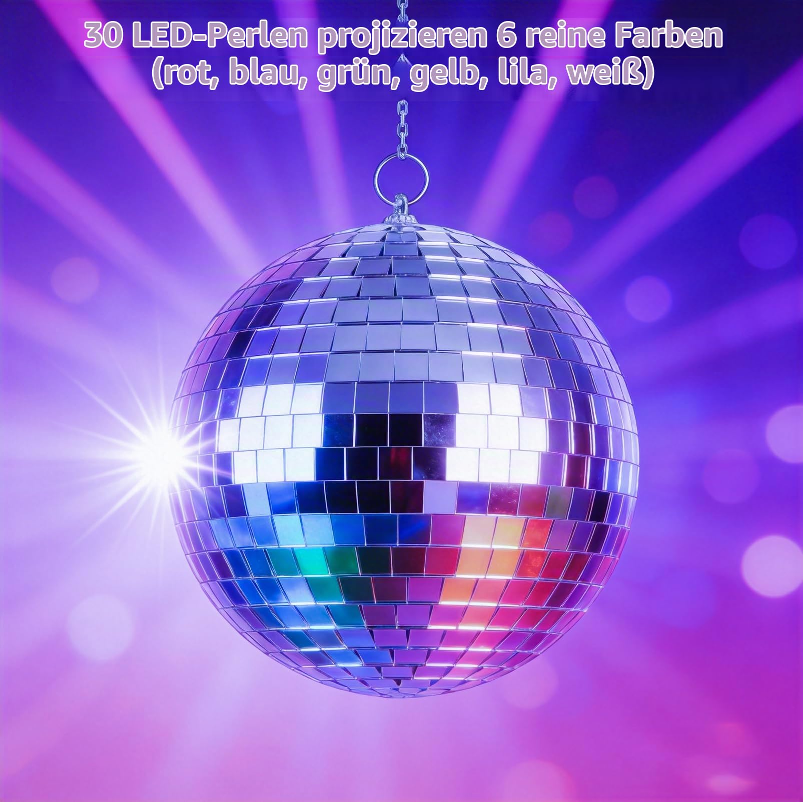 Discokugel mit Motor und Licht,20 cm Spiegelkugel mit 30 LED Perlen | 6 Farbmodi 3 Programme, Fernbedienung & Soundsteuerung, USB/Batterie-Betrieb für Partys, Disco, Events