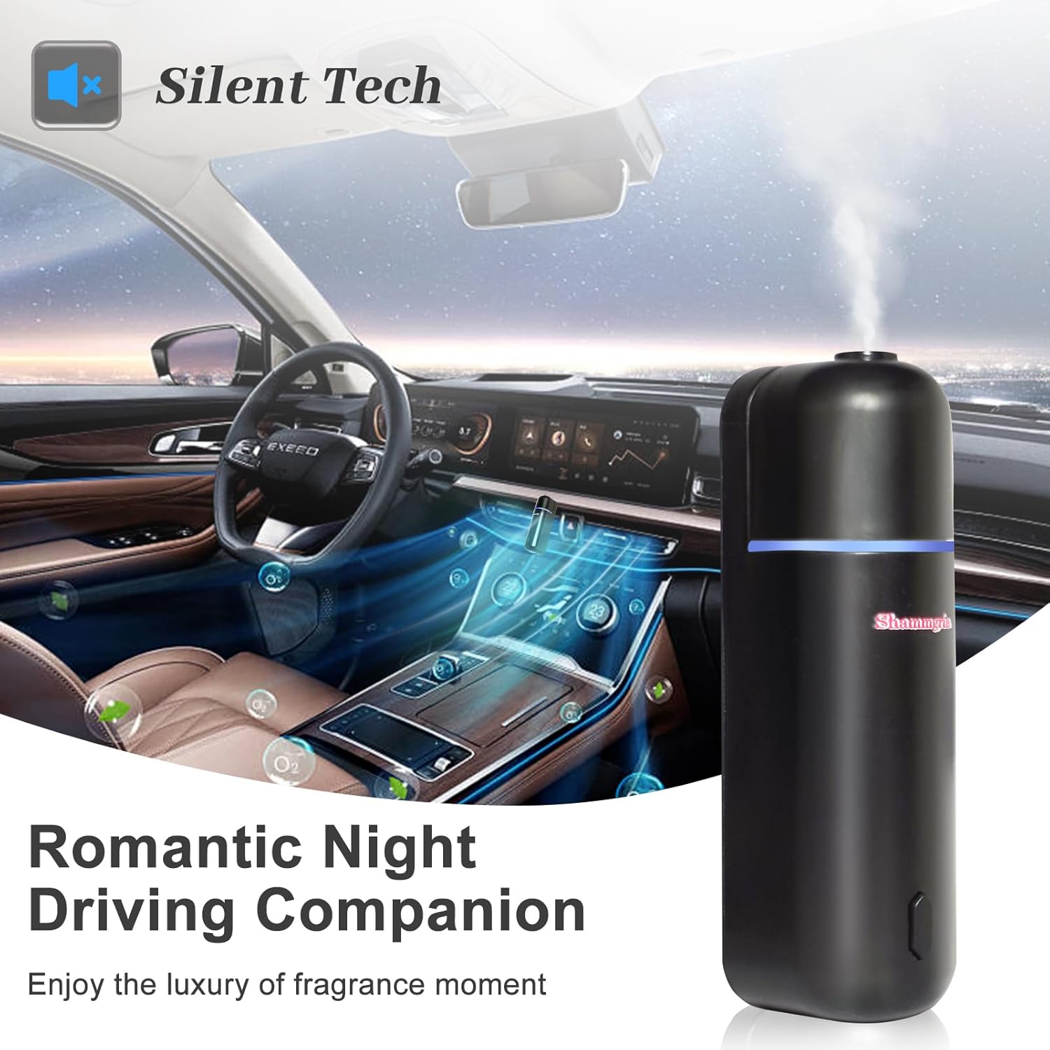 Car Air Freshener Diffuser, Motion Sensor Waterless Essential Oil Diffuser for Car USB Rechargeable Air Freshener with 6 Refill Scents（Hilton/Sandwood/WhiteTea/Diamond/GreenBamboo/Pachuli - Image 3