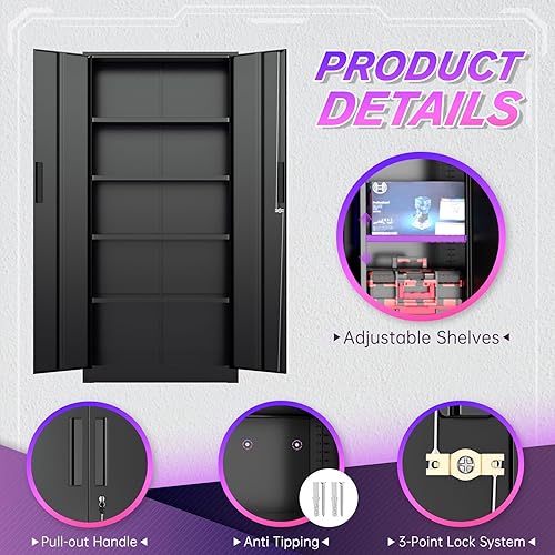 Miniatura 4 de Superday Armario de almacenamiento con cerradura, armarios de almacenamiento de garaje de 71 pulgadas con cerradura, gabinete de metal negro con 2