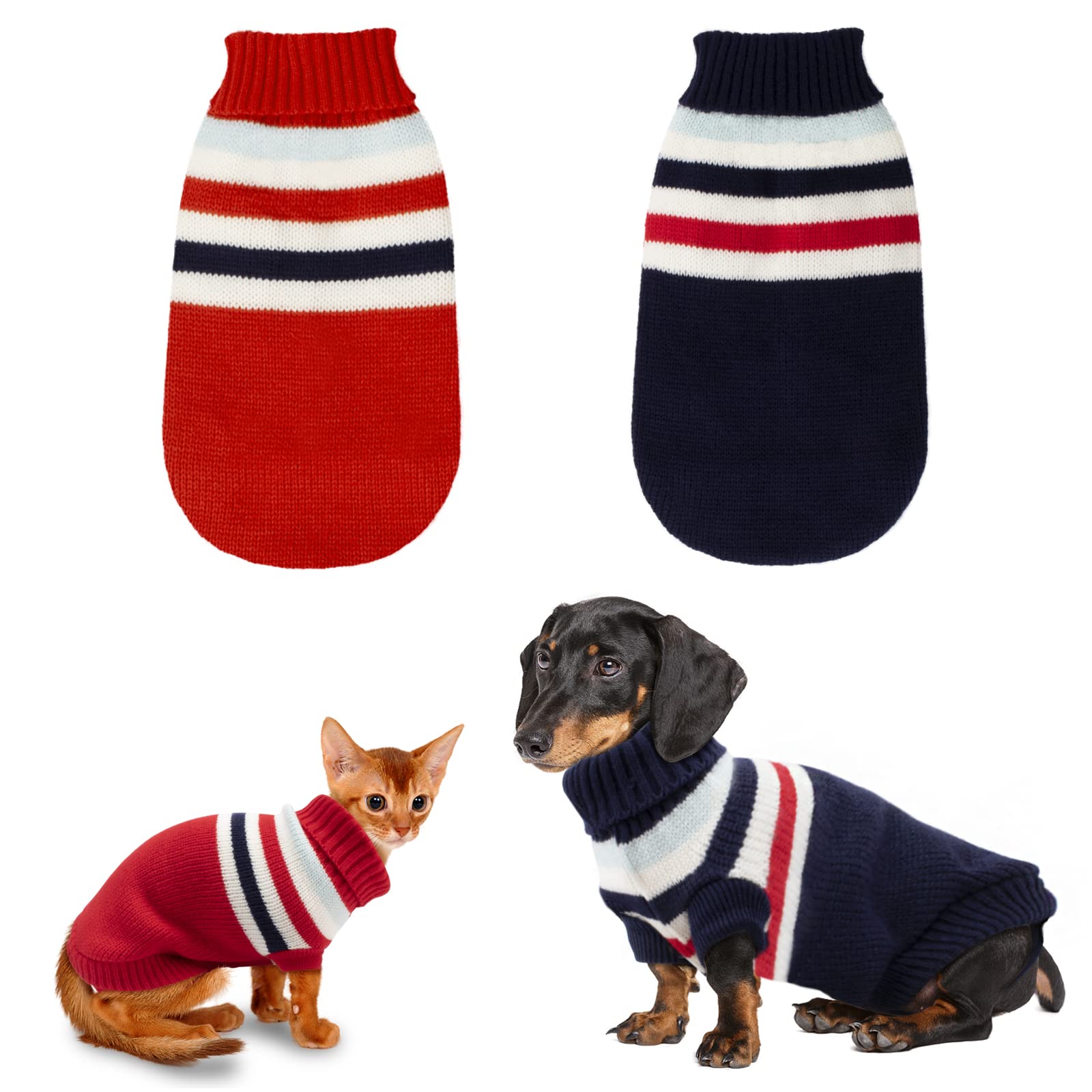 Rypet 2 paquetes de suéter de gato a rayas – suéter de punto cálido cuello alto gato ropa de invierno para gatitos y perros pequeños XS