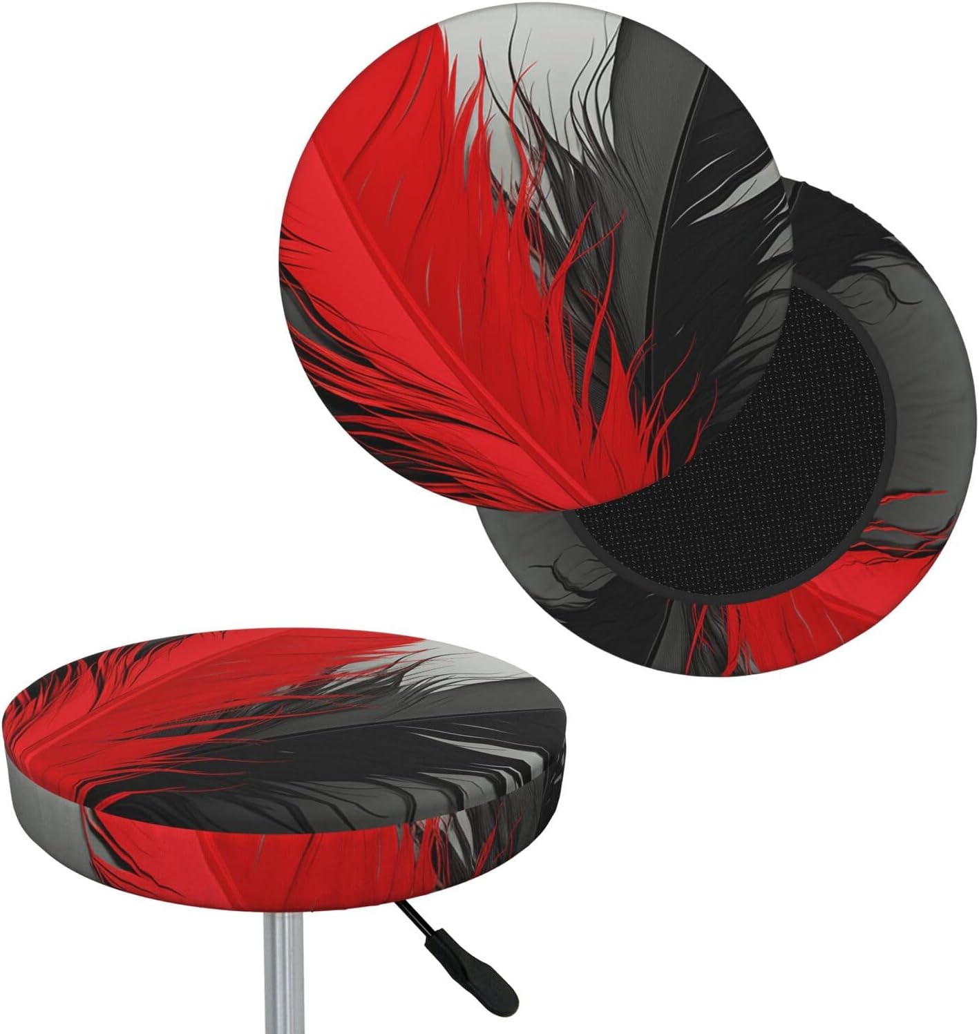 Bar Stool Cover Round Elastic Stool Cushion Covers Red and Black Feather Bar Chair Cover Washable Stool Cushion Slipcover Stretch Stool Seat Covers for 12-14 Inch Chair