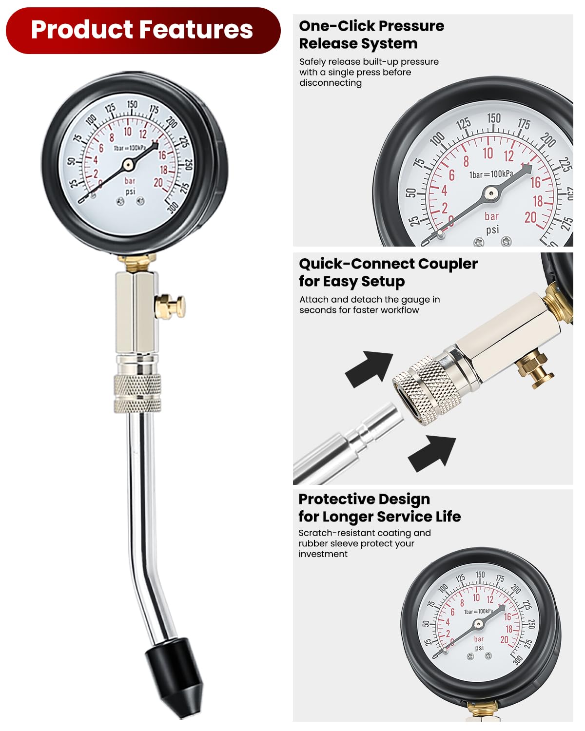 ATPEAM Zestaw testerów kompresji, miernik kompresji silnika, 0-20 bar / 0-300 PSI, tester kompresji z 4 adapterami M10 M12 M14 M18 (czerwony)