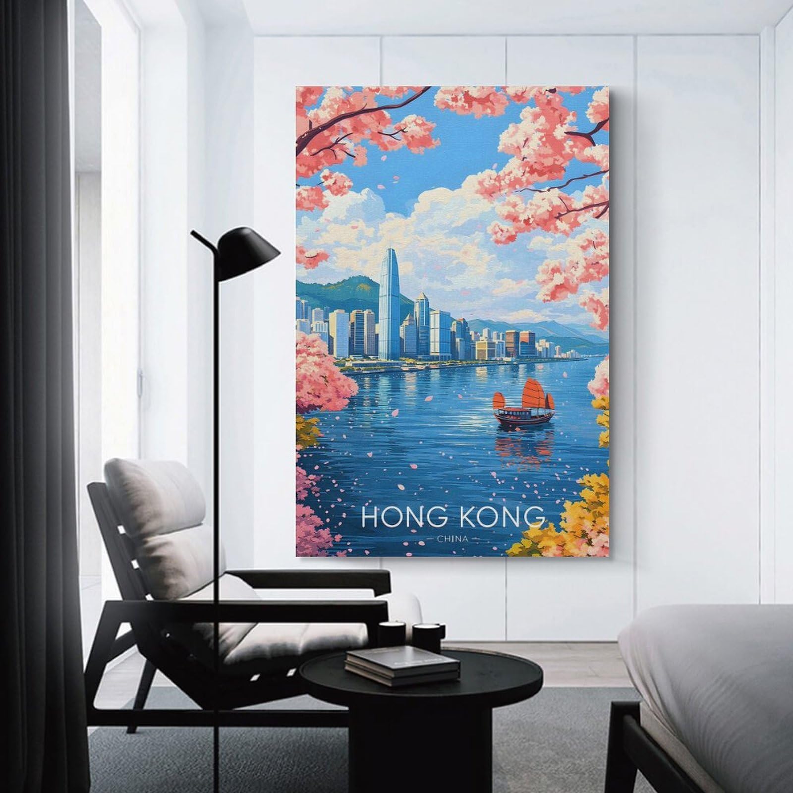 Junmoney Hanging Wall Art Hong Kong Skyline with Cherry Blossoms, 16x24inch(40x60cm), for Entryway, Lounge Links Or Small Walls, A Neat Decor Update for Hallways