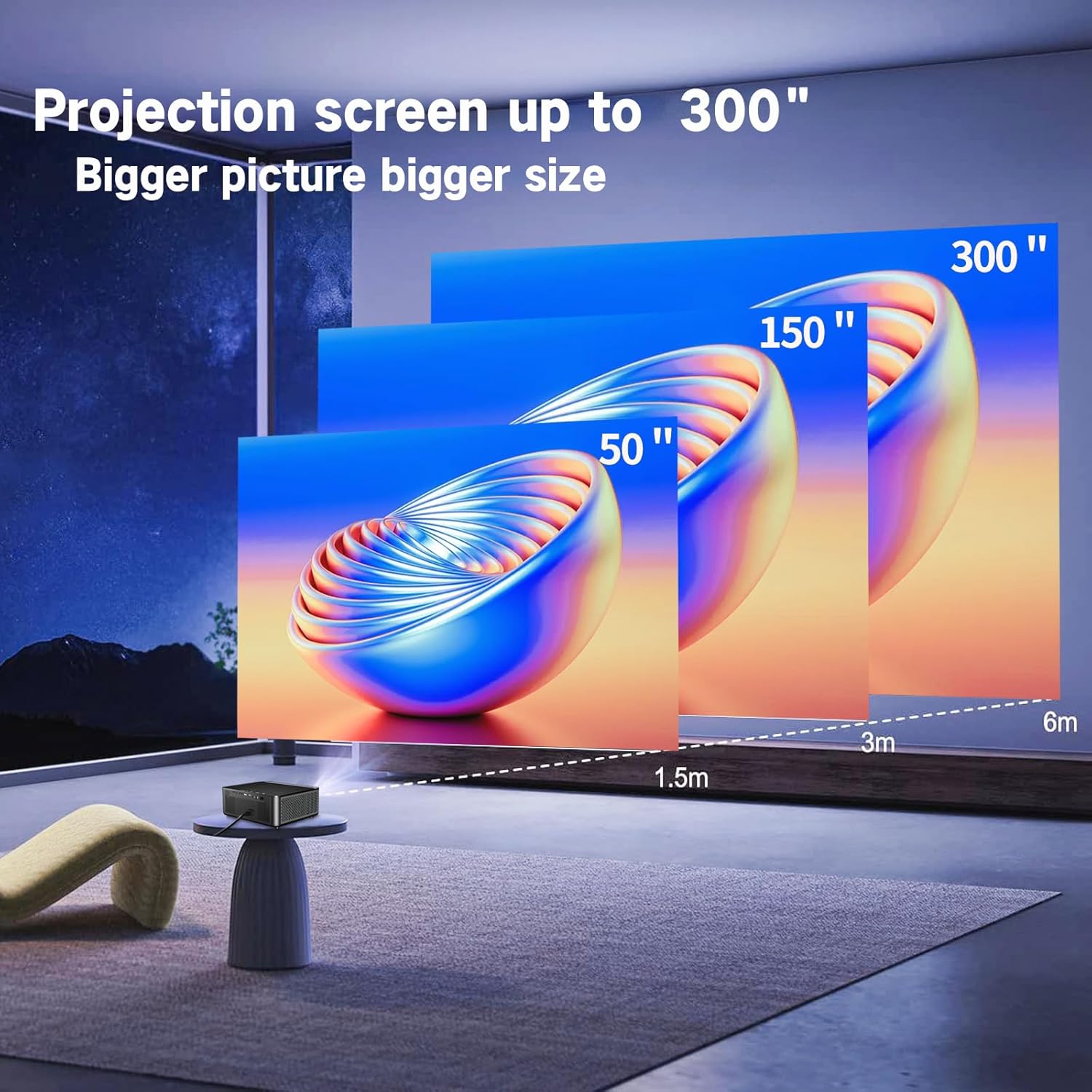 Diagram showing projection distances for various screen sizes (50, 150, 300 inches).