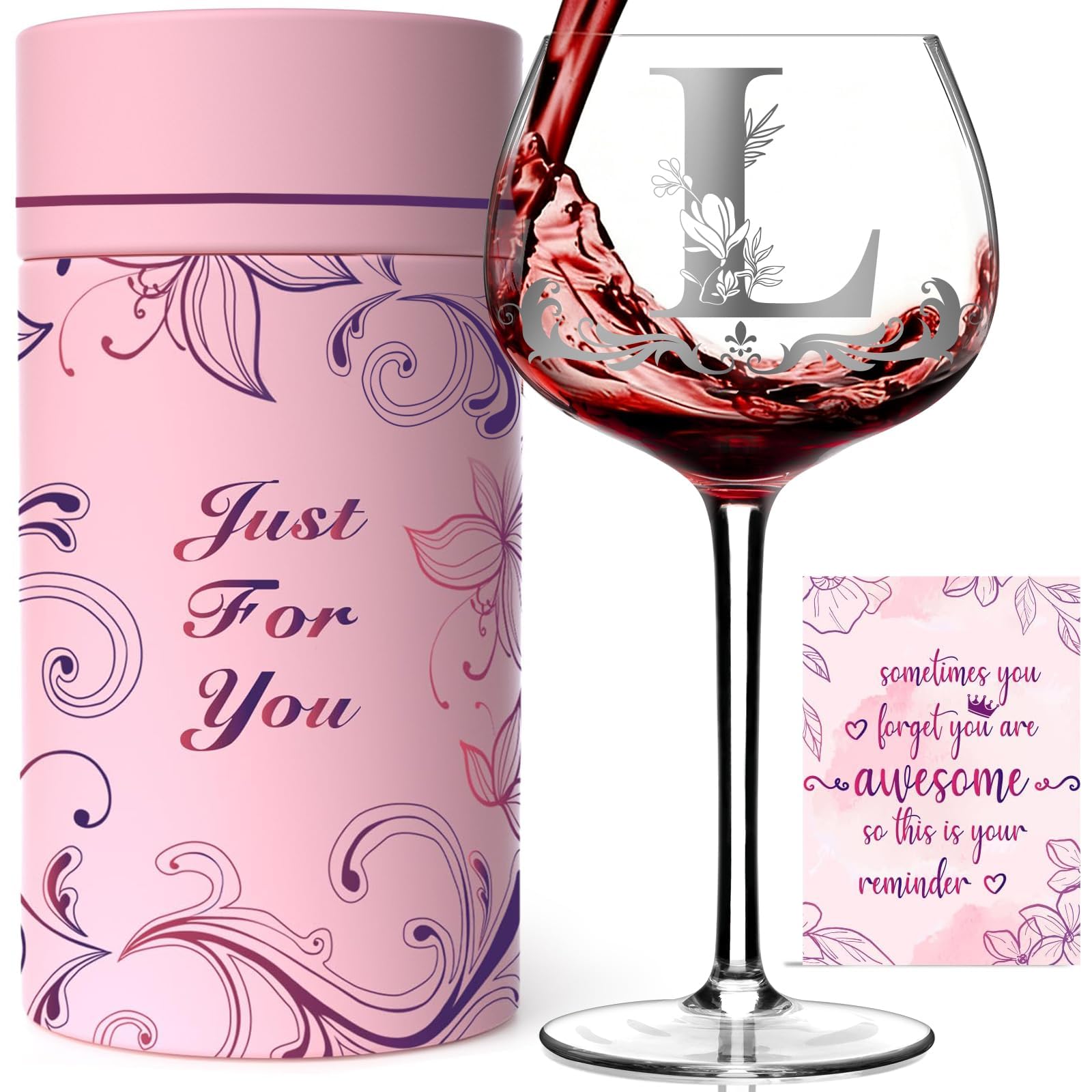 Regalos de monograma personalizados para mujeres, copa de vino personalizada con inicial A-Z, regalos únicos de cumpleaños y Navidad para ella, mamá, esposa, hermana, hija, amiga (letra L)