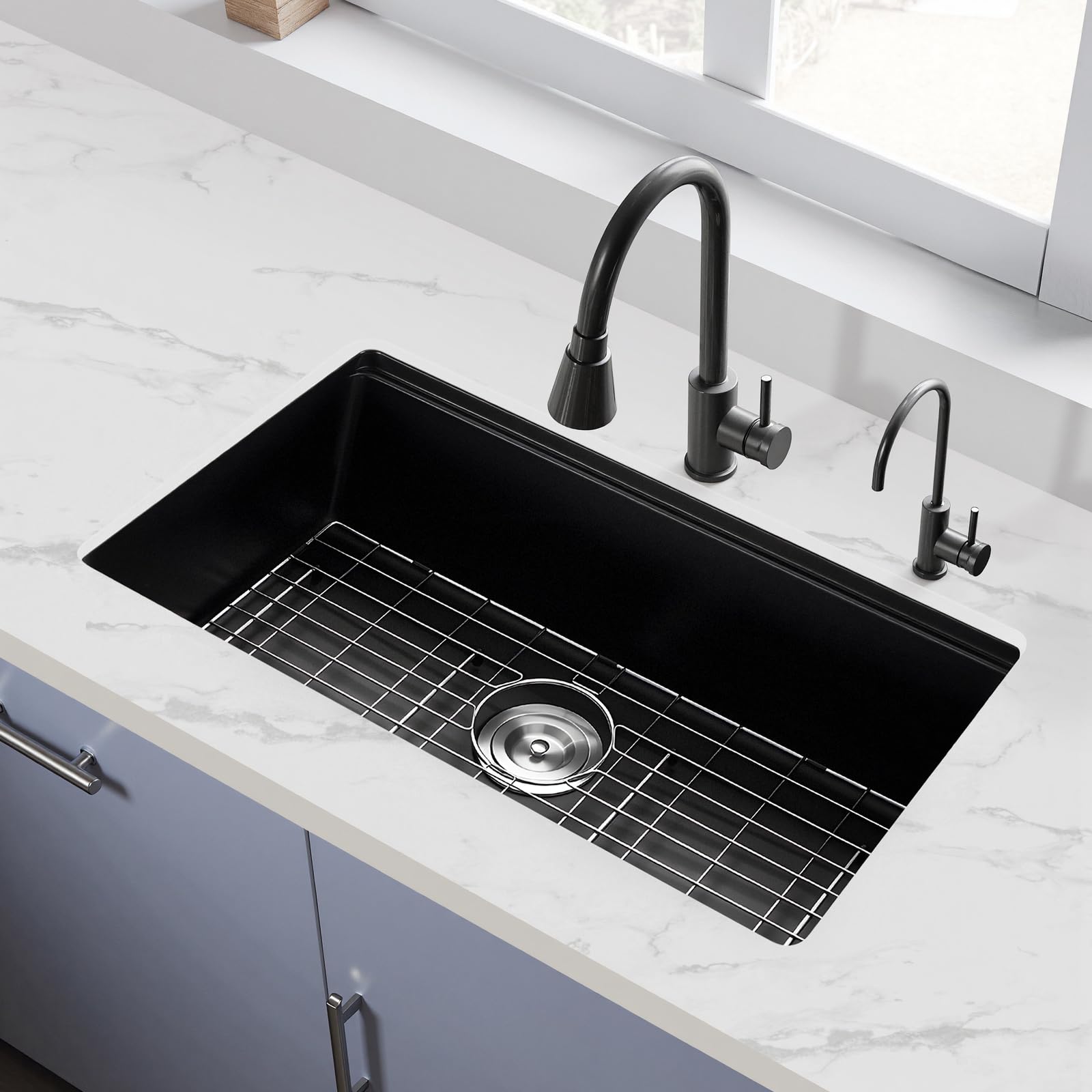 VEVOR Fregadero de Cocina de Granito Doméstico Montaje en Superficie, Fregadero Empotrado de Estilo Rústico con Accesorios, para Autocaravanas, Cocinas de Preparación, Negro, 762 x 457 x 230 mm