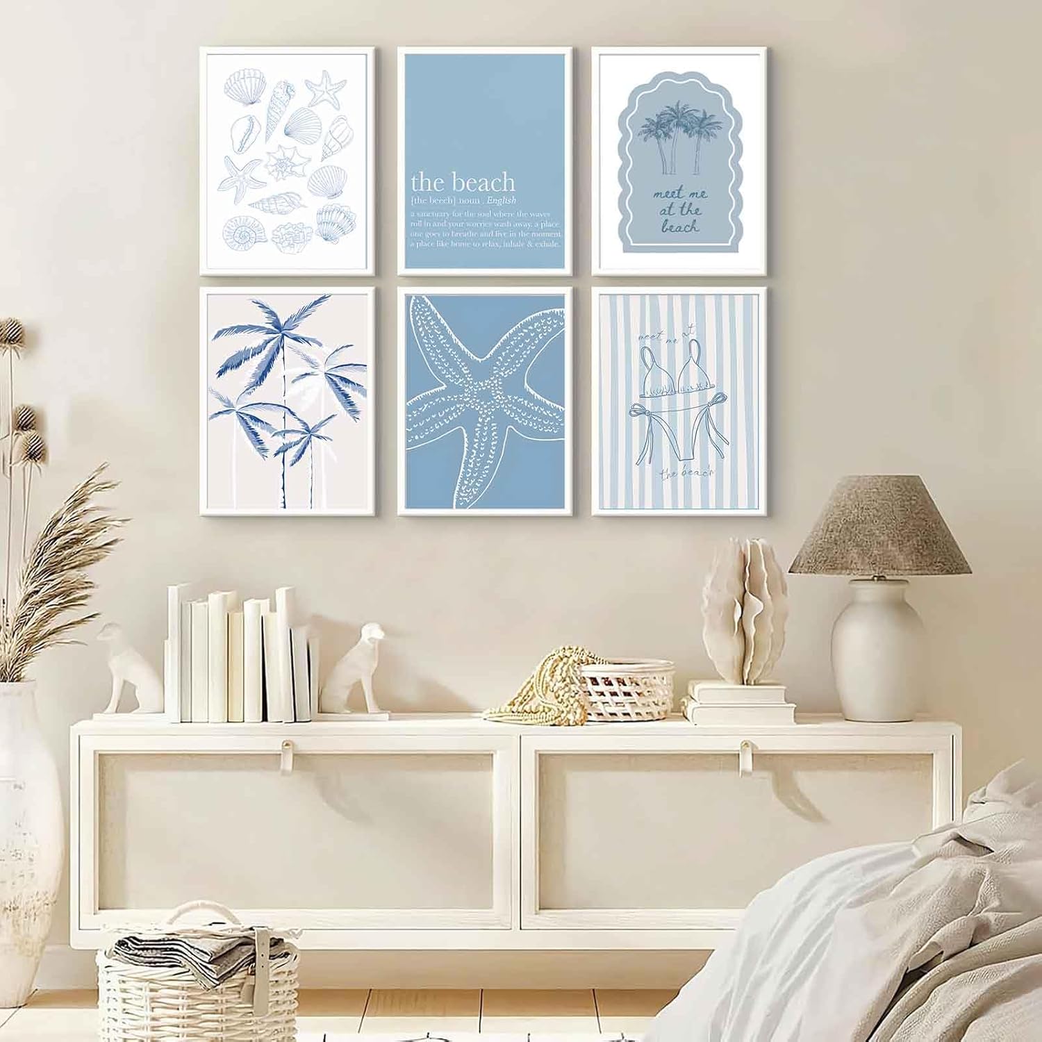 6Pcs Blue Coastal Wall Art Summer Beach Shell Wall Decor Pictures Light Blue Bikini Plant Starfish Posters Canvas Prints for Modern Shoreside Themed Home Decoration Bathroom Room Decoration Unframed