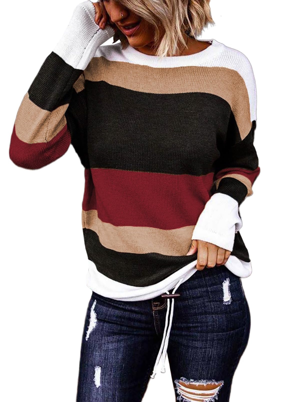 Dokotoo Fall Sweaters Round Neck Striped Cute Winter Pullover Sweaters for Women Trendy 2024 Drawstring