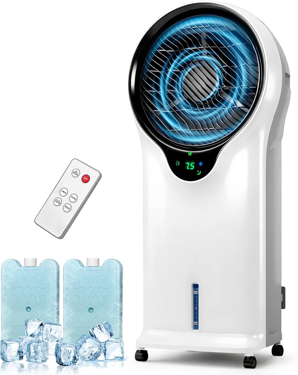 3-in-1 Evaporative Air Cooler, 35’’ Protable Swamp Cooler Indoor with 3 Modes&3 Speeds, 5.5L Water Tank Cold Air Cooler, 2 Ice Packs, Air Cooler for Room, Office with 360° Oscillation