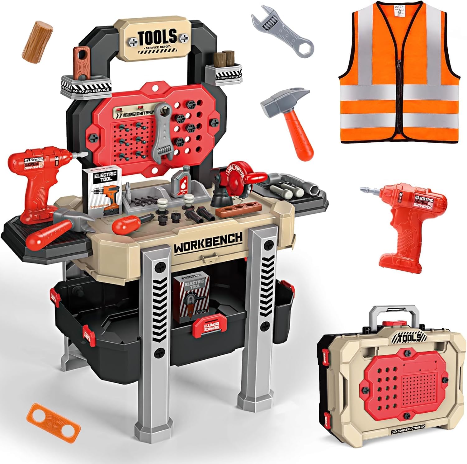 Jovow Kids Tool Bench with Realistic Tools and Electric Drill, Suitable for 3-5 Year Olds to Build Their Own Toy Workbench, 79 Pcs Realistic Toy Tools
