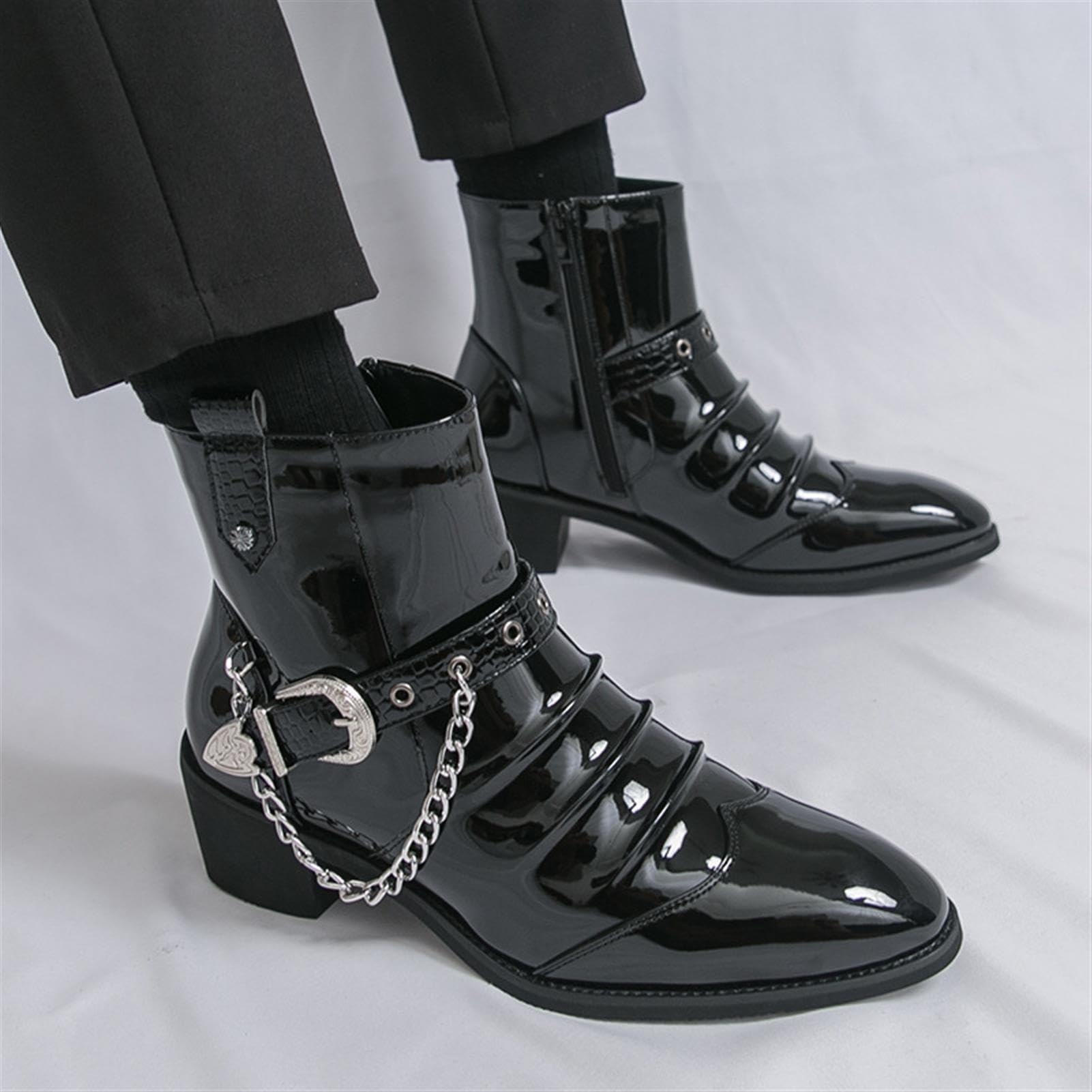 Stivaletti Uomo Vernice con Catena Punta Afilata Scarpe Eleganti Festa | Stivali Moda Uomo Cerniera Laterale Suola in Gomma Comodi Stile Punk Gotico Scarpe da Palco Club Party Cerimonia
