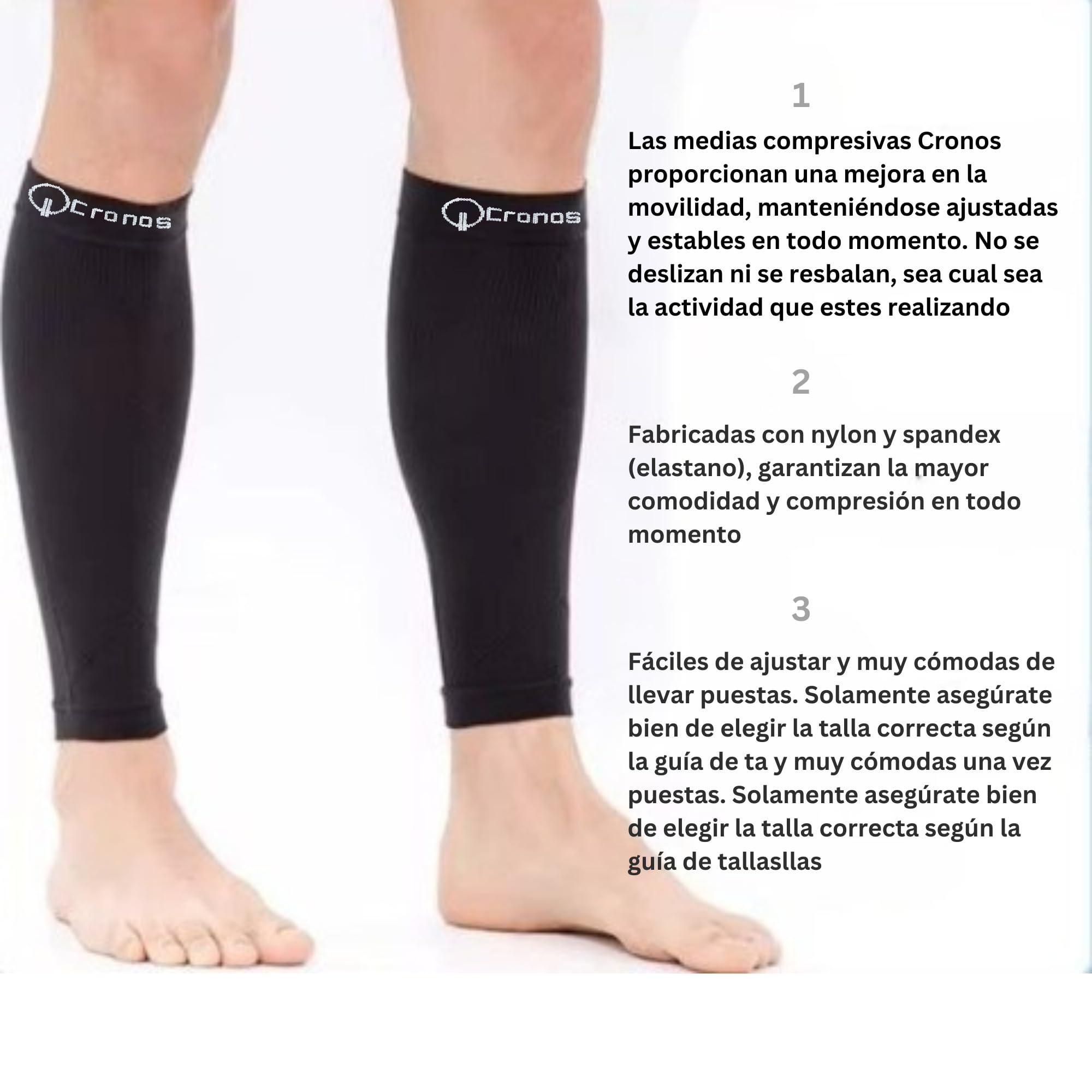 Cronos Medias de Compresión Premium Hombre y Mujer (1 Par) Mangas Compresivas para Pantorrillas Nailon Poliéster Elastano