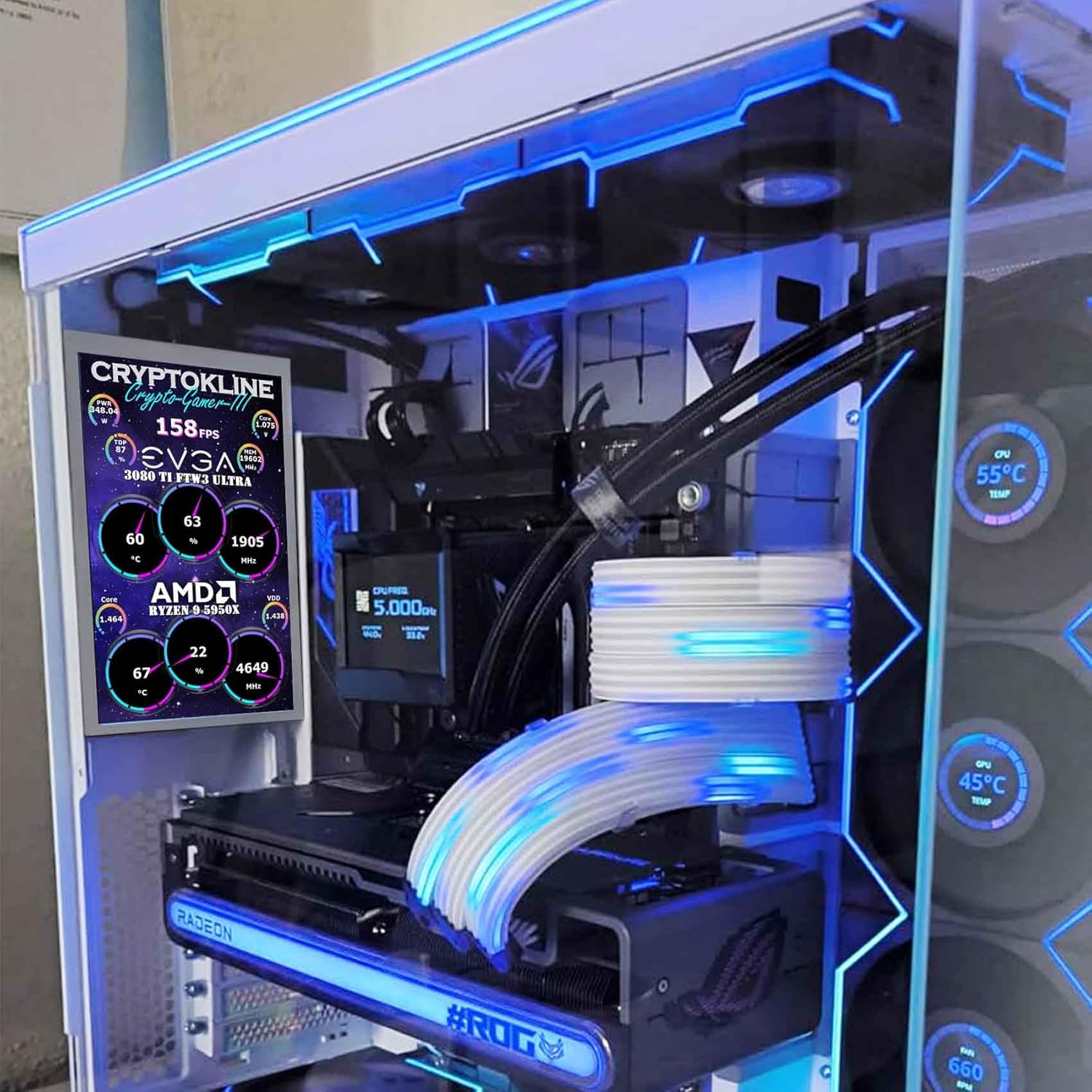 The VSDISPLAY monitor integrated into a PC case, displaying system information