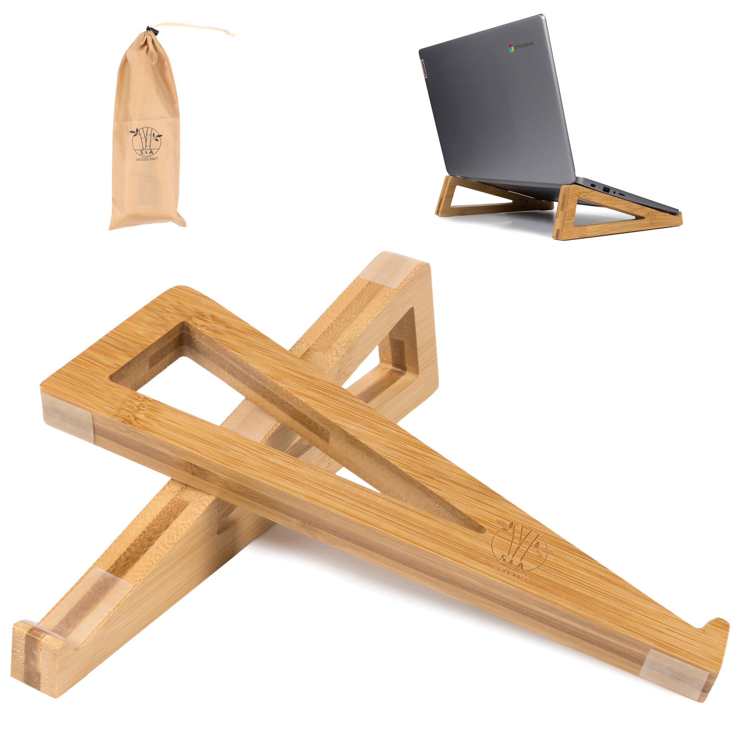 S&A WOODCRAFT Bamboo Wooden Laptop Stand, Portable Desk Laptop Holder for Tablet with Carry Pouch, Compact Travel Laptop Stand with Protective Silicone Pads, Suitable for Laptops and Tablets