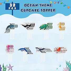 WERNNSAI 32 PCS Ocean Cupcake Toppers - Shark Birthday Party Decorations Under The Sea Cake Toppers Summer Dolphin Ocean Animal Cake Decors for Kids Ocean Baby Shower Party Supplies