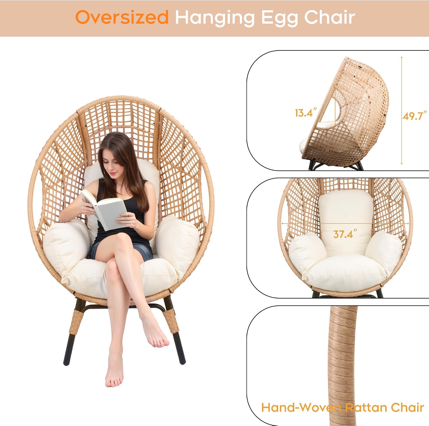 Oversized Patio Egg Chair with Waterproof Cushions, Outdoor Wicker Egg Chair, 500 LBS Capacity All-Weather Rattan Chair for Indoor and Outdoor