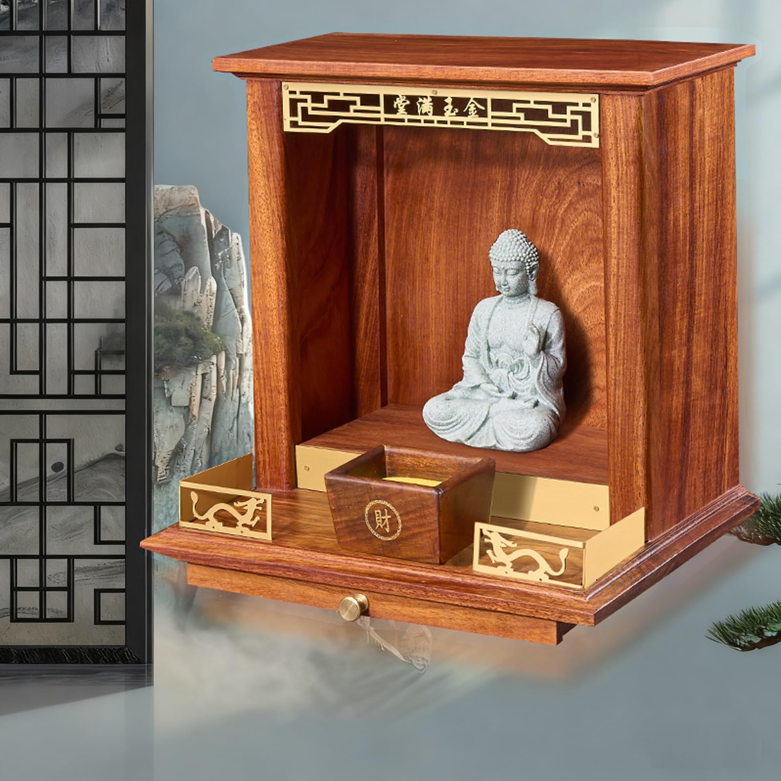 JNTFNE Wall-Mounted Buddha Statue Stand,Shrine Prayer Altar Table,Household Solid Wood Wall Cabinet Buddhist Niche with Drawer Guan Gong God of Wealth agoda Shelf(Walnut,Large)