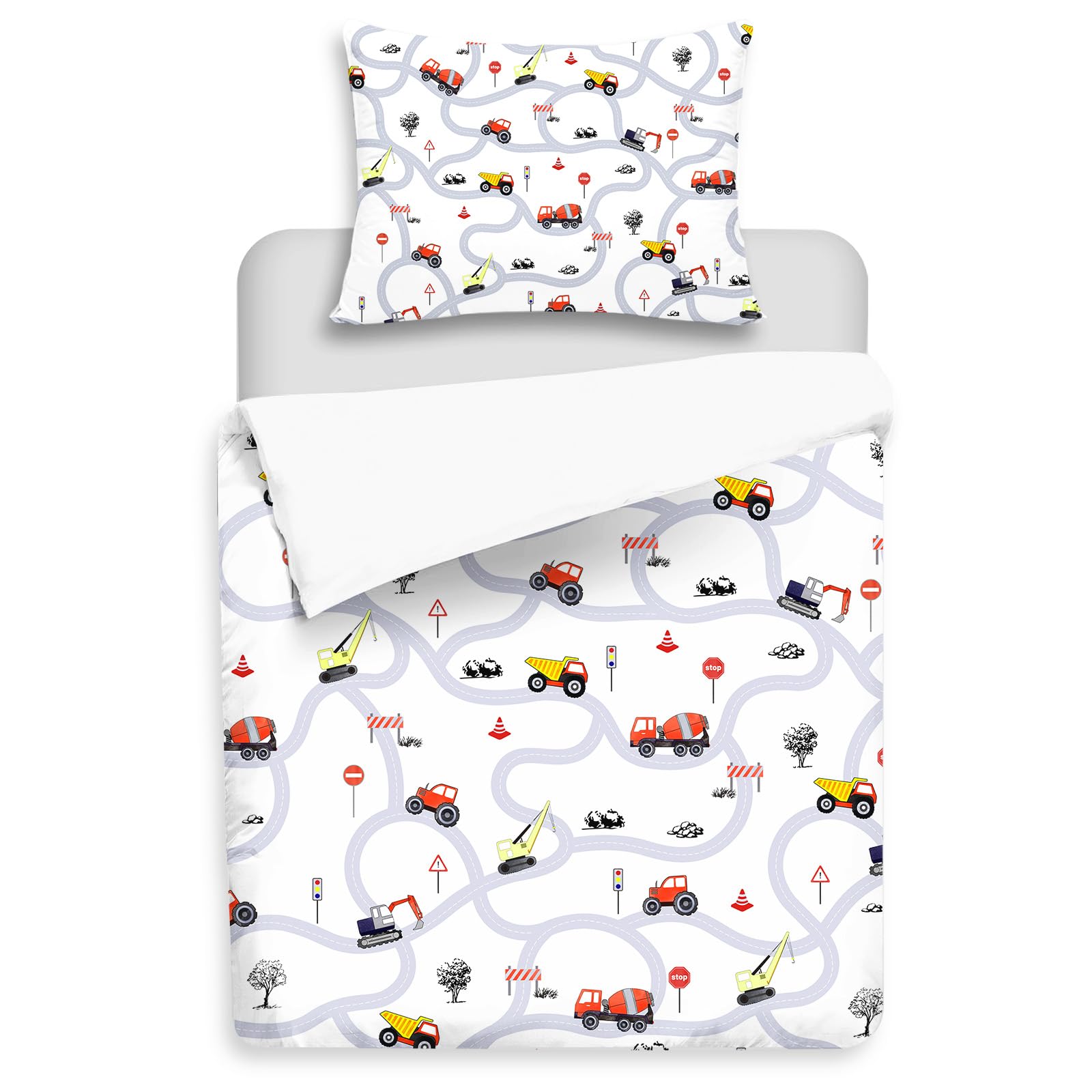 Yasida Kids Tractor Bedding Toddler Digger Duvet Cover Set With Traffic Signs And Roads For Child Boys Cot Microfibre Duvet Cover 120x150 & 1 Pillowcase 40x60 Car Bedding White & Grey โ image 1