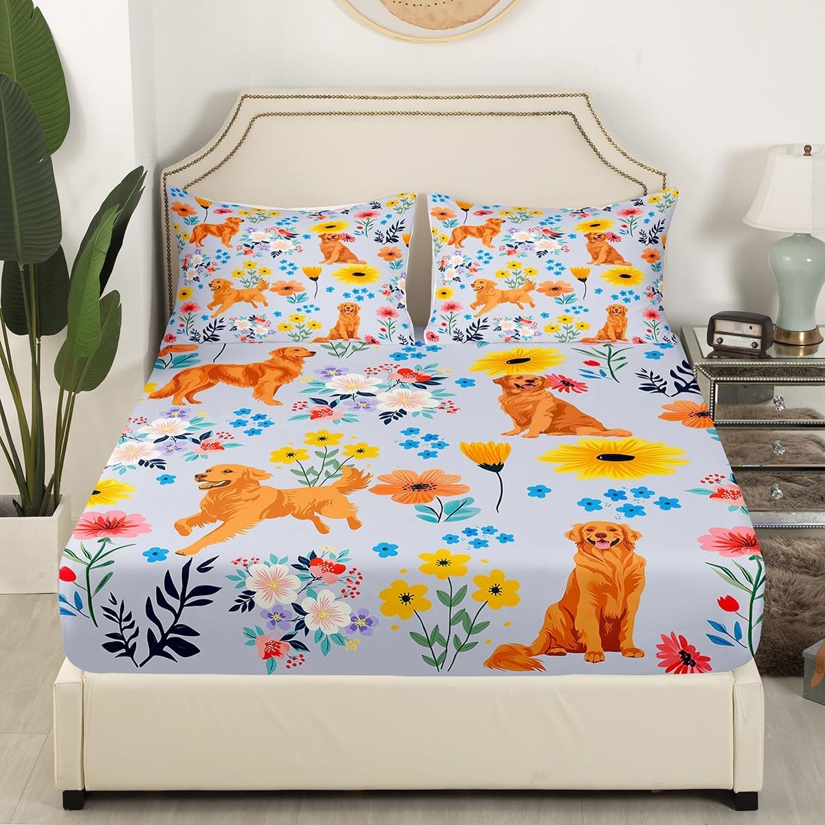 Erosebridal Dog Bed Sheets Cartoon Dogs Golden Retriever Bedding Set Full Size Kawaii Pet Animal Floral Print Sheets, Cute Flowers Fitted Sheet + 2 Pillowcases (No Top Sheet)