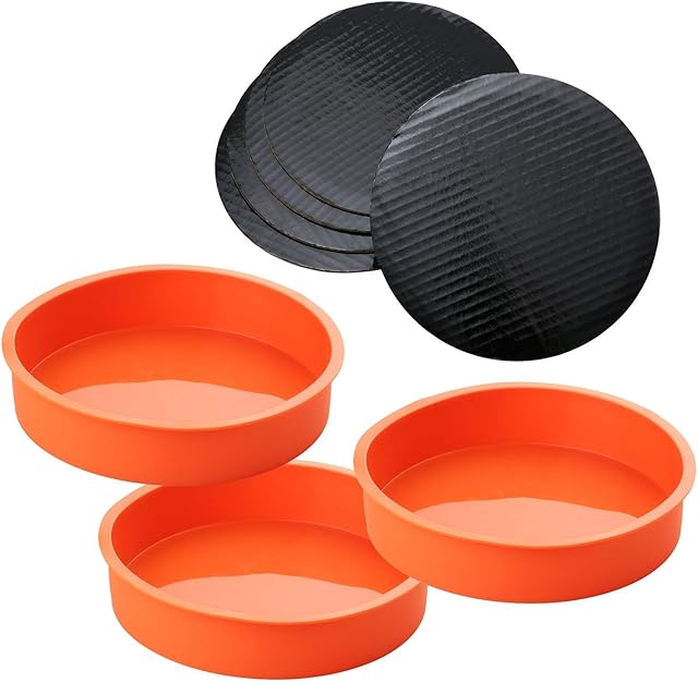 A Baker and Cook 3 Piece Round Silicone 7 ¼ Inch Cake Mold Baking Pan Set, Includes 5 Laminated Greaseproof Cardboard Cake Circles( 7.25" x 1.5", Orange)