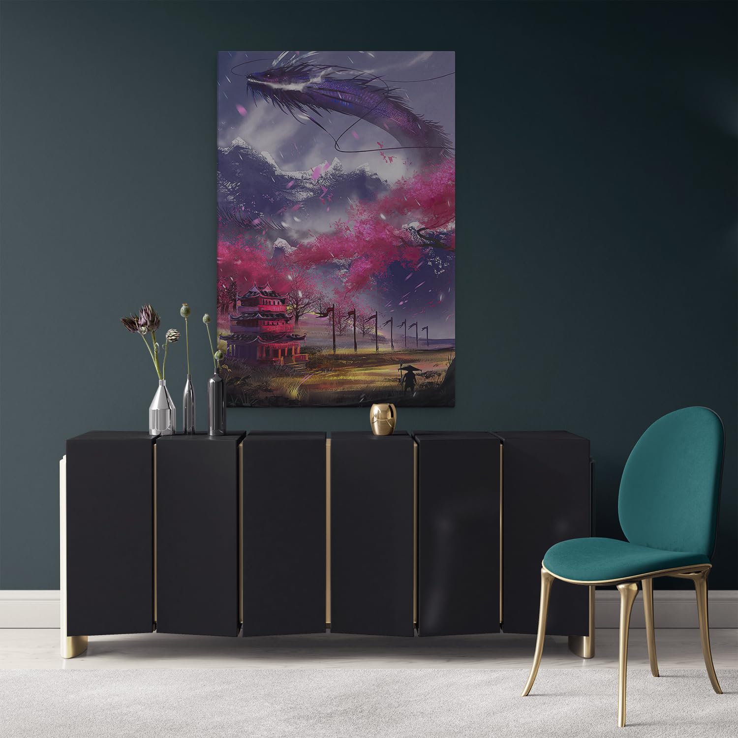 Artaza Cuadros Decoración Salón Modernos Dragón Japonés - 80x120 cm - Grande - Cuadros Decorativos Paisaje - Decoración Pared Sakura - Cuadro Templo Japonés