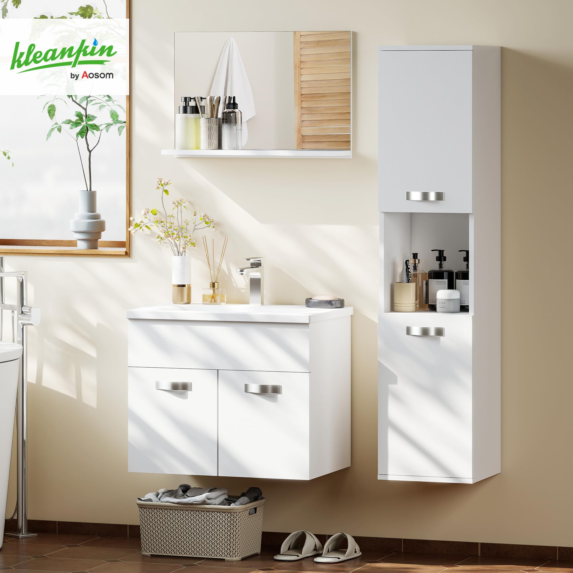 kleankin - Juego de muebles de baño (4 piezas, montaje en pared, con espejo, lavabo, lavabo de cerámica y armario, columna alta, estantes ajustables, estilo moderno, blanco