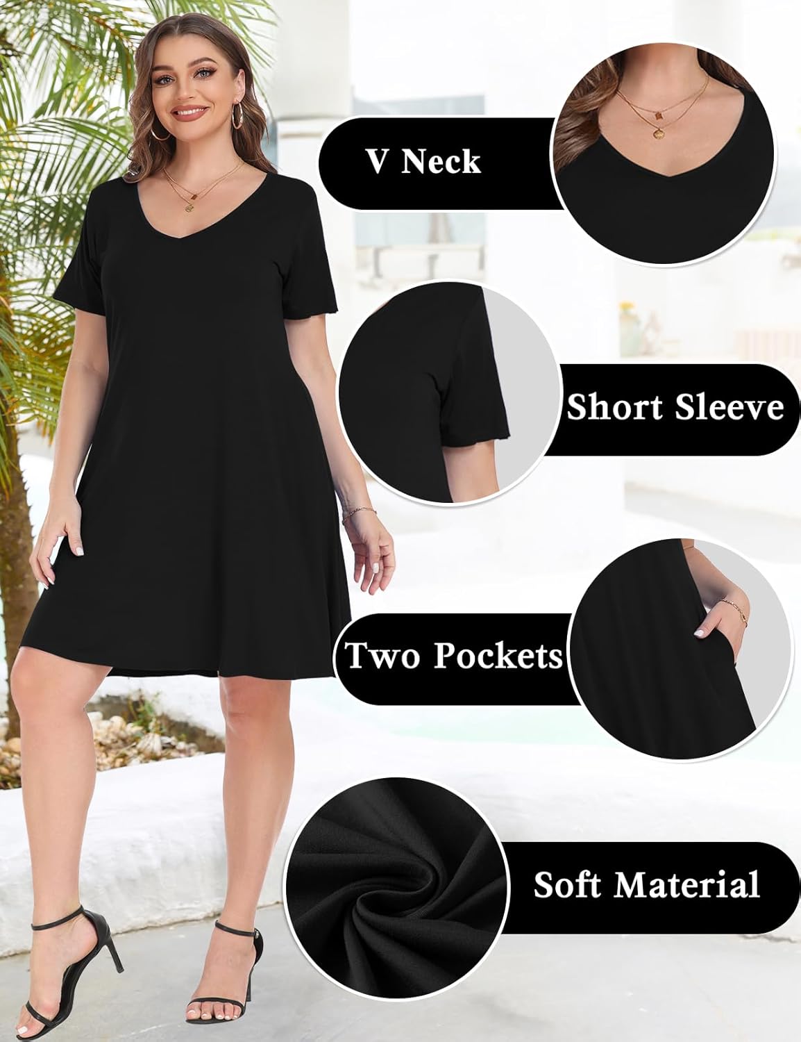 MONNURO Women's Casual Summer T Shirt Plus Size Dress Loose Short Sleeve V Neck Tunic Dress with Pocket - Image 4