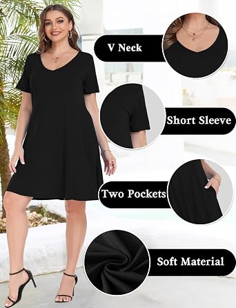 MONNURO Women's Plus Size Dresses V-Neck Short Sleeve Comfy Summer Dress | Soft stretchy fabric, Flattering V-neck, A-line swing fit, Roomy side pockets, Great for warm days, beach trips, Casual Style