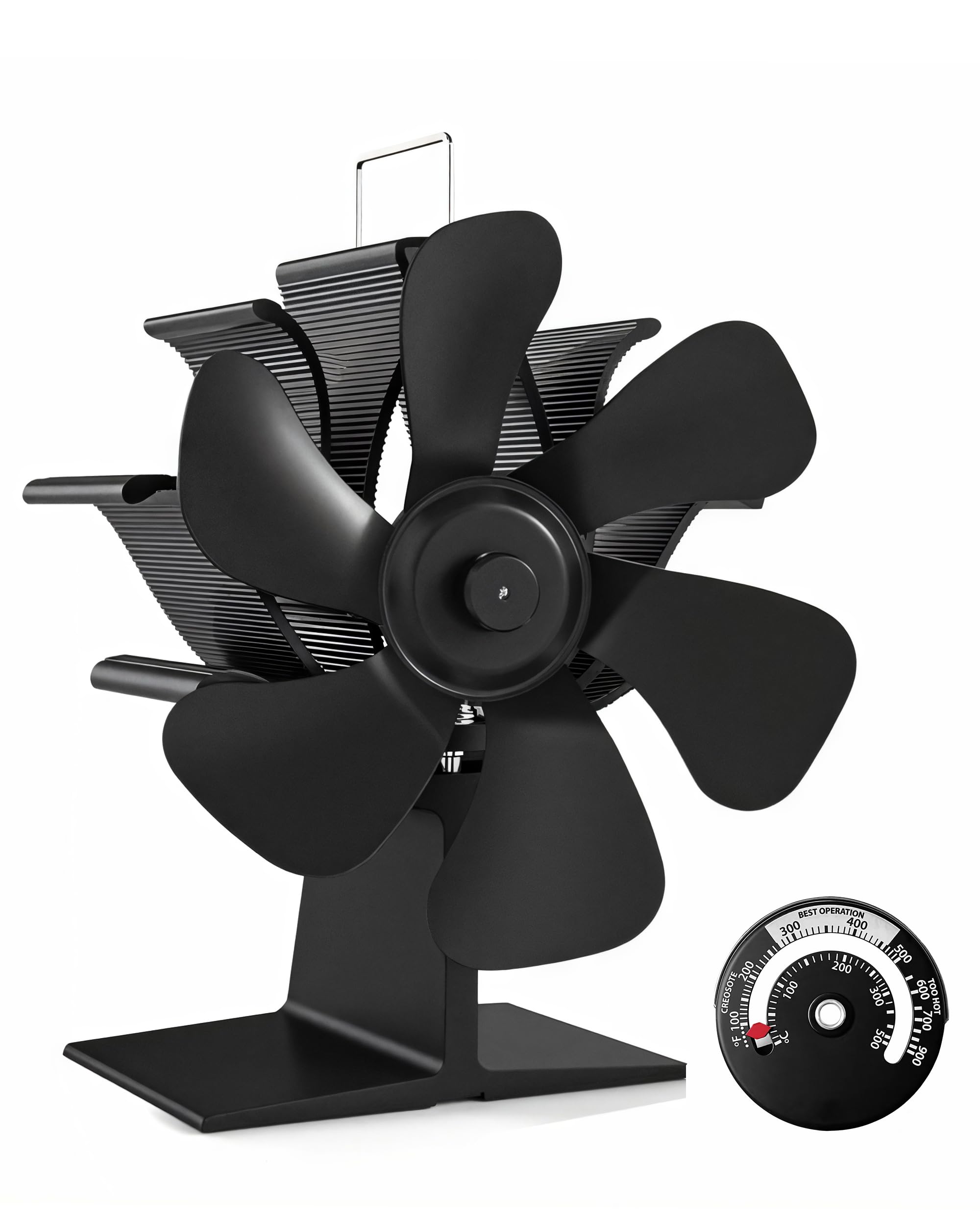TITECK 6-Blade Log Burner Fan with Thermometer, Heat Powered for Wood Burning Stove Compact & Silent with Overheat Protection