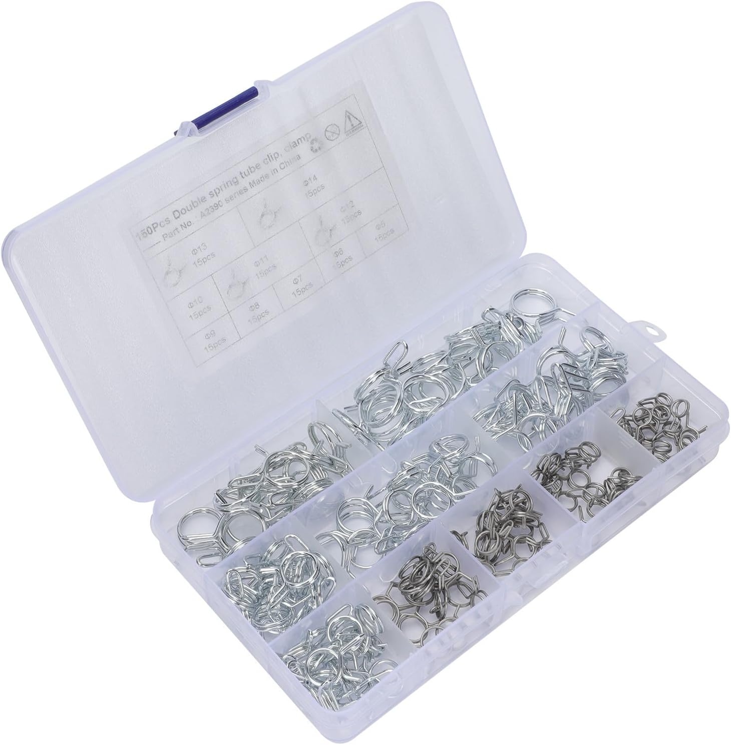 OUNONA 150pcs Double Wire Spring Hose Clamps Kit Φ5-φ14 Stainless Steel Water Tube Clamps for Plumbing, Fuel Line, and Air Tubing Applications